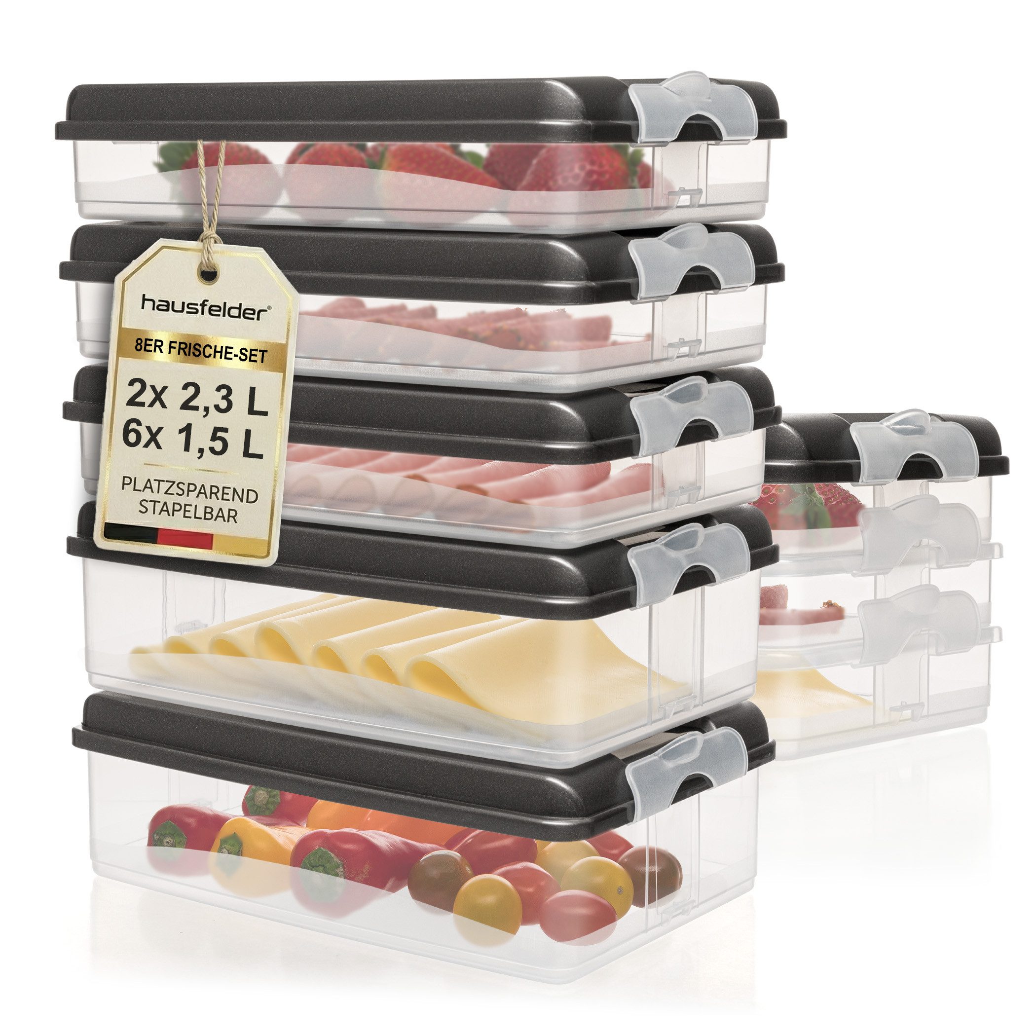 Hausfelder Frischhaltedose Aufschnittdosen Set mit Deckel, 6 x flach, 2 x hoch, Anthrazit, Kunststoff, (Set, 14-tlg., 6x flach, 2x hoch), Kühlschrank Organizer, BPA-frei, stapelbar