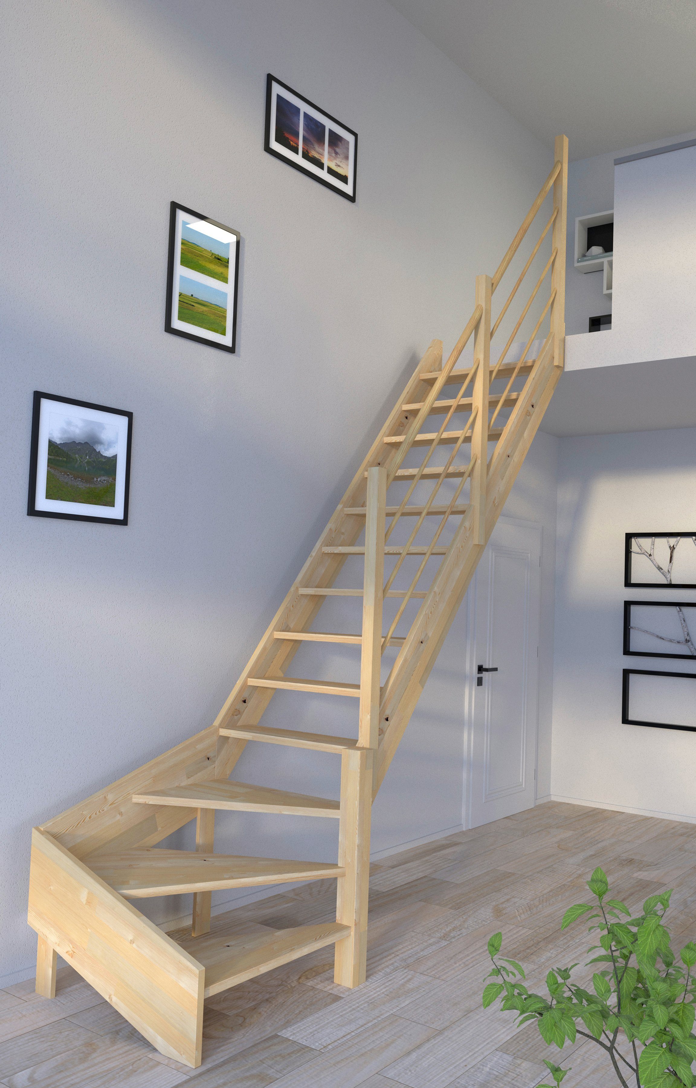 Starwood Raumspartreppe Massivholz Korfu, Holz-Holz Design Geländer, für Geschosshöhen bis 300 cm, Stufen offen, gewendelt Rechts, Durchgehende Wangenteile