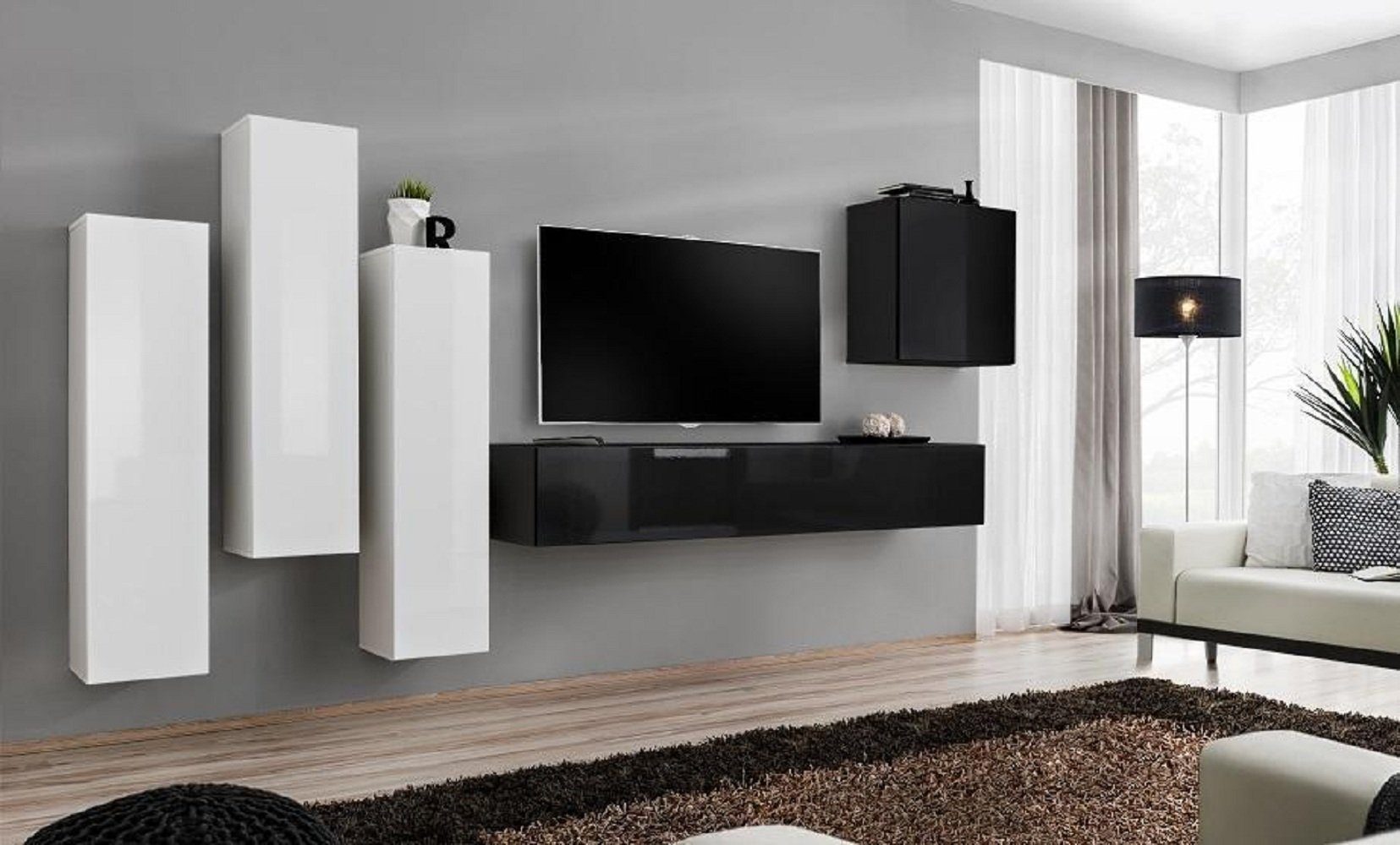 JVmoebel Wohnzimmer-Set Wohnzimmer Wandschrank Luxus Garnitur TV-Ständer Modern Möbel Holz, (6-St., 1x Wohnwand + 1x TV Ständer + 4x Wandschrank), Made in Europa