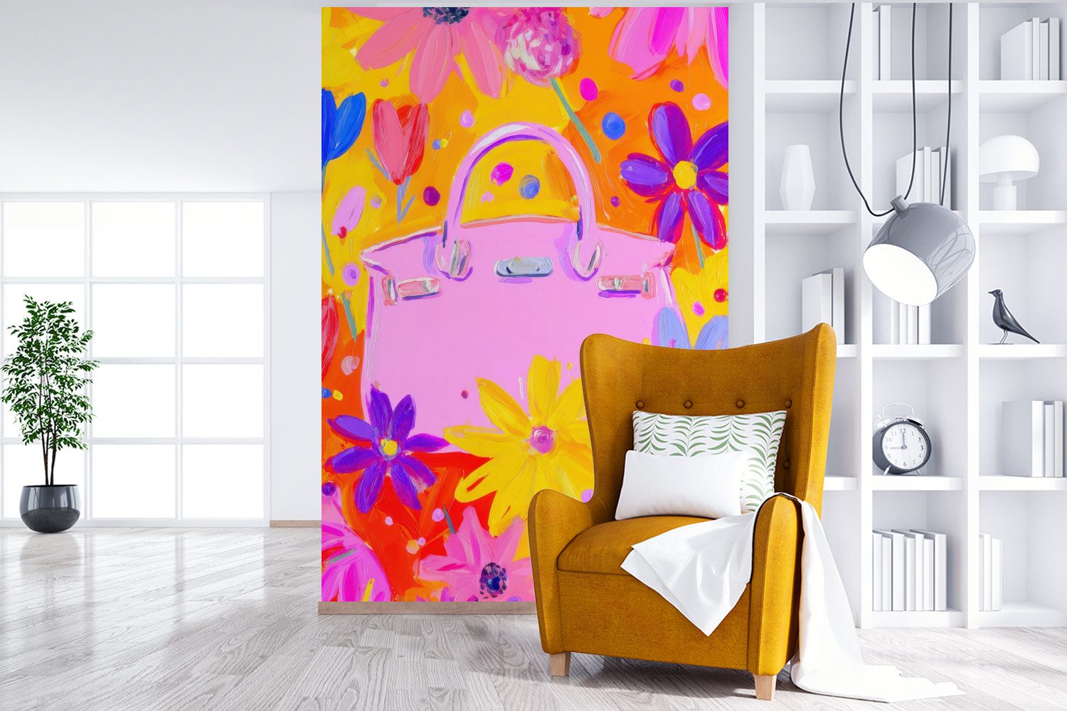 MuchoWow Fototapete Tasche - Rosa - Blumen, Matt, bedruckt, Montagefertig Vinyl Tapete, Wandtapete, 170x260 cm