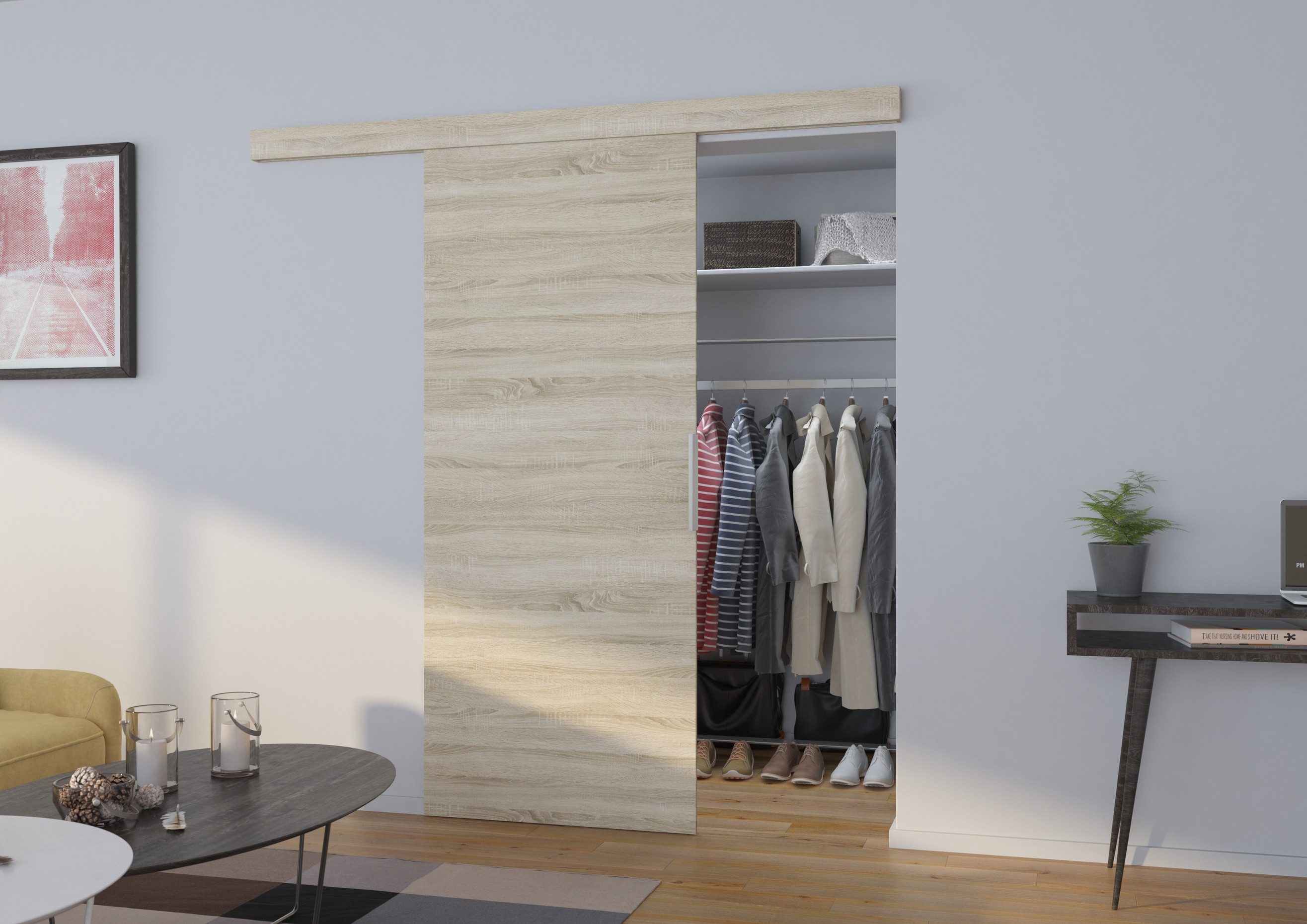 MOEBLO Schiebetür XINNEA (elegante Wandschiebetür, platzsparende Schiebetür aus 16 mm Laminat, wandmontiert, optional Soft-Close System, Schiebetüren Gleittüren Schiebetüre Schiebesysteme Türen auf Schiene Türen mit Schiebemechanismus), (BxHxT): 86 / 96 / 106 x 205 x 1,6 cm