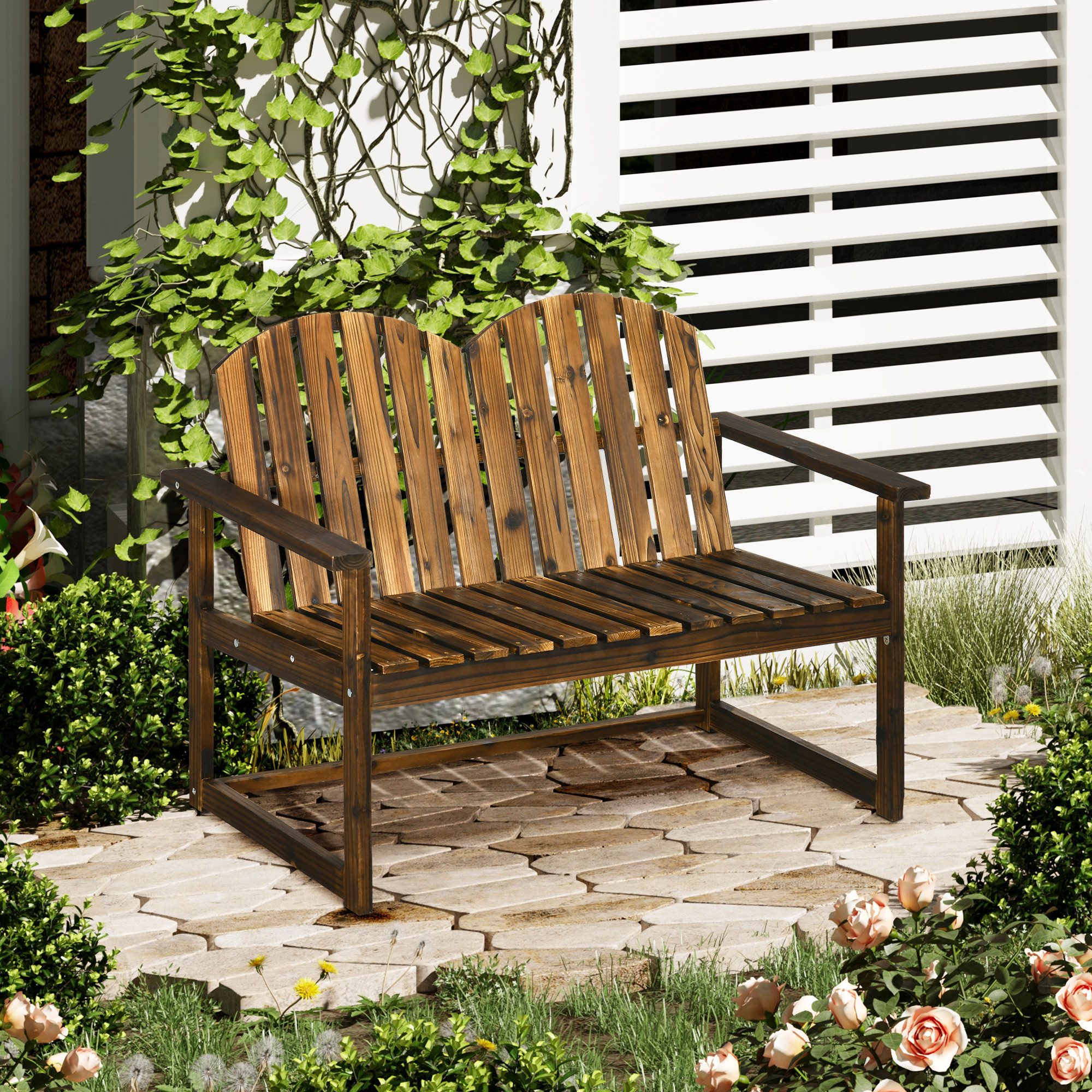 Outsunny Bank Holzbank mit Rückenlehne, Armlehne, Parkbank bis 240 kg belastbar (Gartenbank, 1-St., 2-Sitzer Sitzbank), für Garten, Balkon, Verkohlt, 114 x 63 x 86 cm