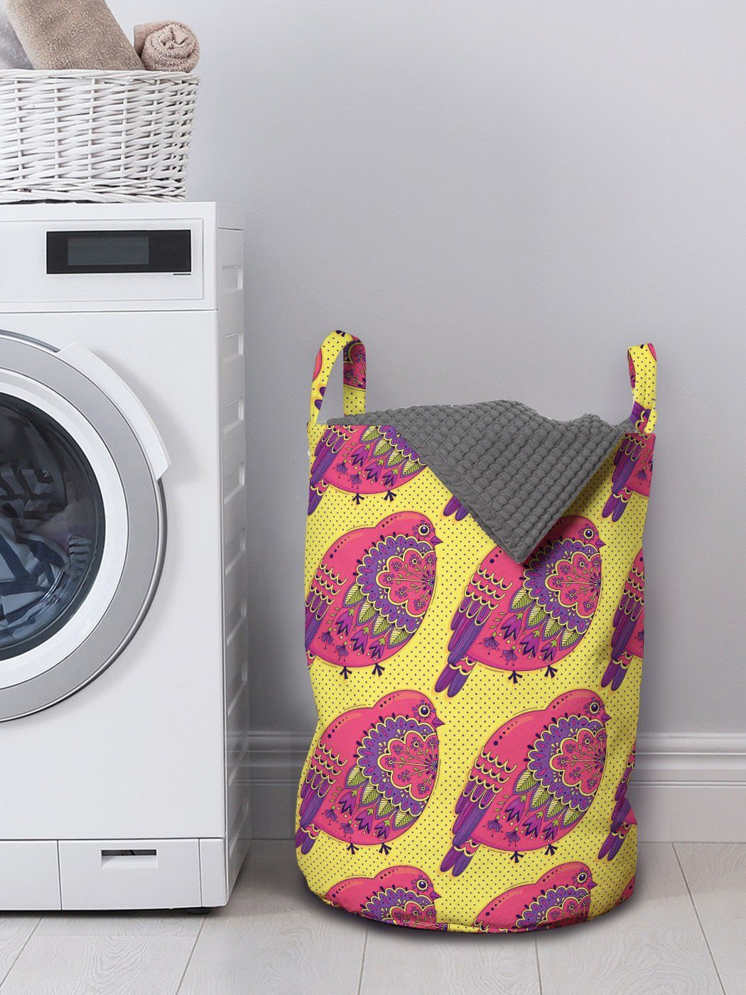 Wäschekorb für Abakuhaus Kordelzugverschluss Wäschesäckchen Blumenverzierung Griffen und Waschsalons, Vögel Ethnisch mit