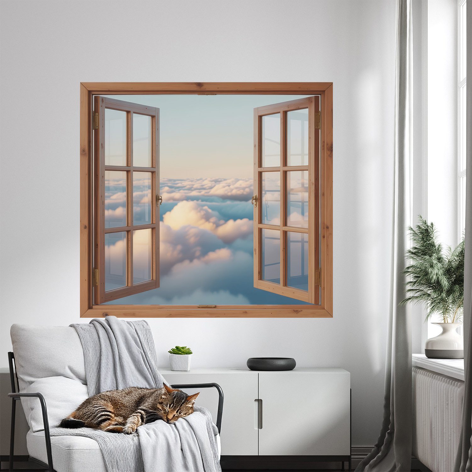 Tulup Wandtattoo Wandaufkleber Mit 3D-Effekt Fenster, Weiß 3D-Wandaufkleber, Wolken des Himmels, Blick in den Himmel durch ein offenes Fenster