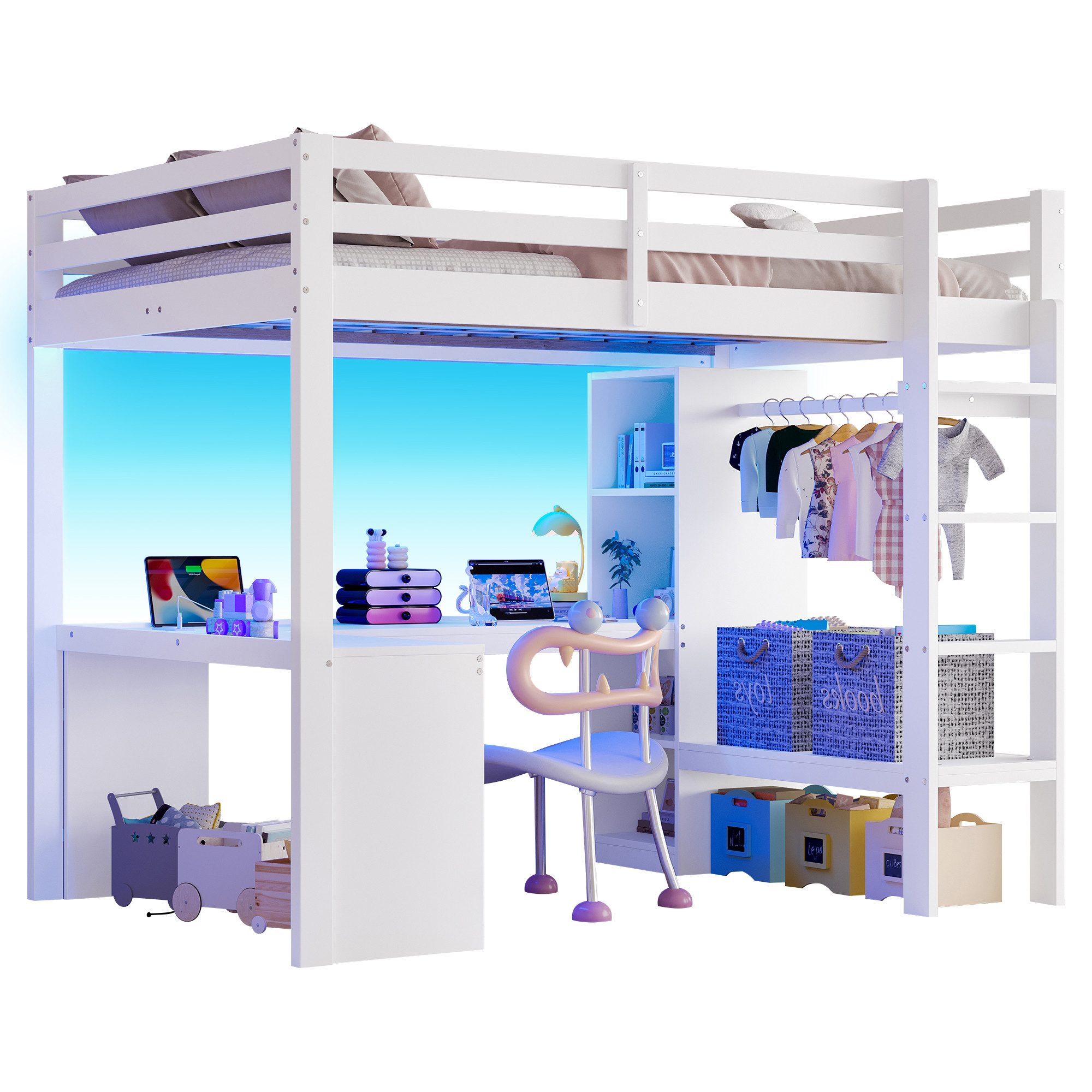 Ulife Hochbett mit Unterbettschreibtisch, Multifunktionsregalen, LED-Licht & USB (Ohne Matratze) Jugendbett, Holzbett, Bettgestell Liegefläche 90 x 200 cm