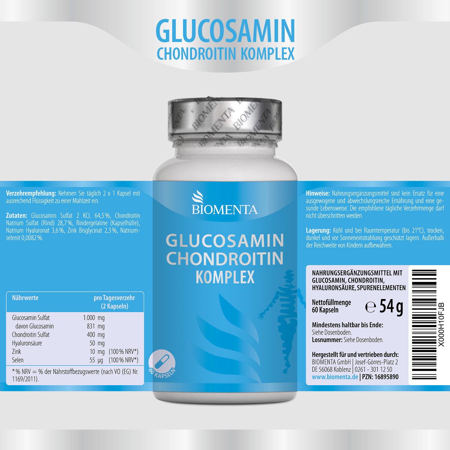 BIOMENTA Glucosamin + Chondroitin Komplex - 90 Knochen Kapseln (Zink, Hyaluron) Kapseln, 60 St., 54 g