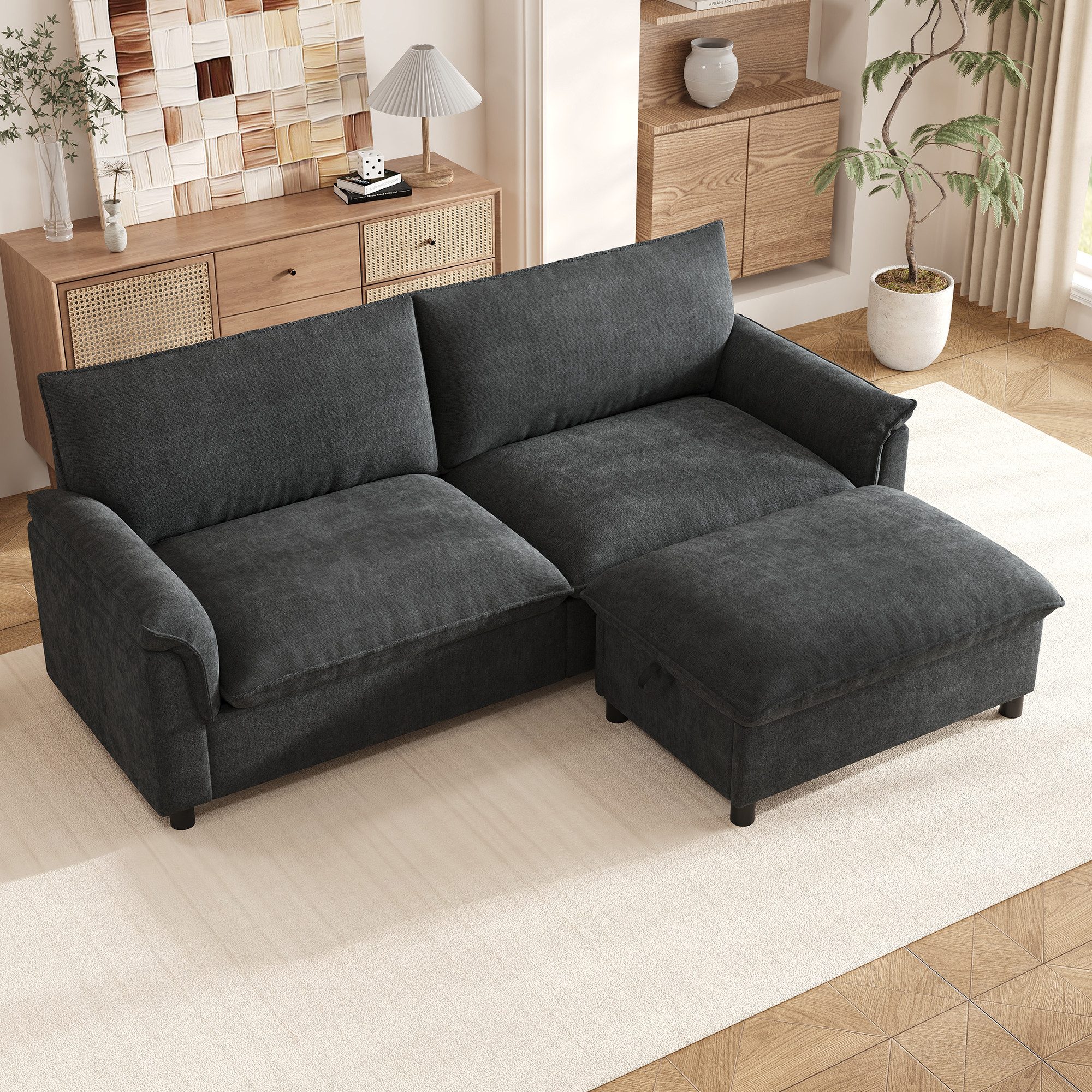 Flieks Sofa Modulares Cloud-Sectional-Sofa Ecksofa Schlafsofa, Maße: B216×H82×T77 cm 2 Teile, L-Form 2-Sitzer inkl. 1 Fußhocker mit Stauraum Bettfunktion Chenille