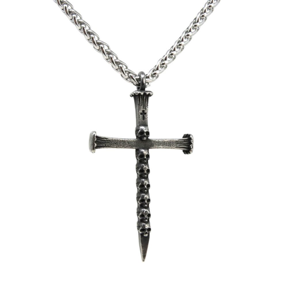 DALMARO Kette mit Anhänger Lederkette Edelstahlkette 316L KREUZ SKULLI, Herren Halskette Biker / Wikinger Kette - Schmuckbox