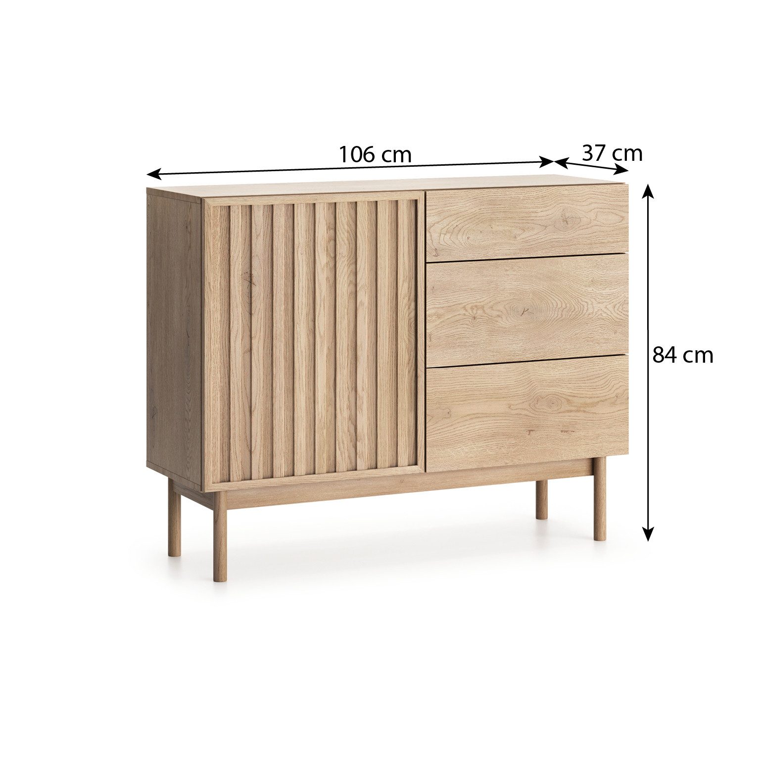 Beautysofa Kommode SAPPORO im Japandi-Stil (Push-to-Open-Funktion, mit 3 Schubladen und 1 Tür), Lamellenfront