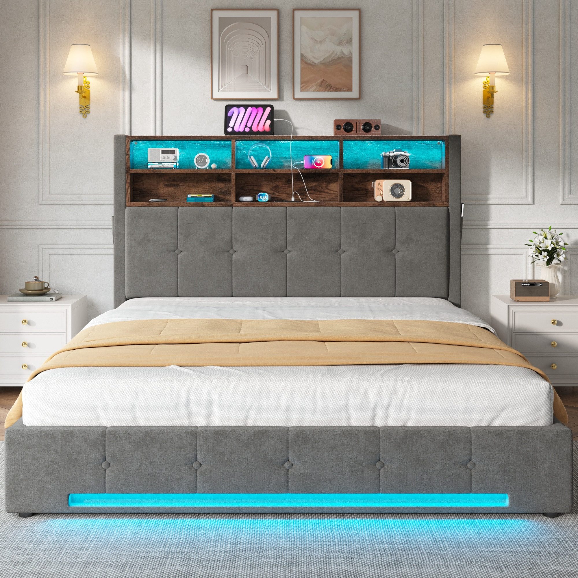 TavilaEcon Polsterbett 180×200 cm & weitere Größen mit Bettkasten und USB-C-Anschluss (1-tlg), mit Hydraulikfunktion & Samtbezug, 180×200cm, grau – Bild 2 von 5