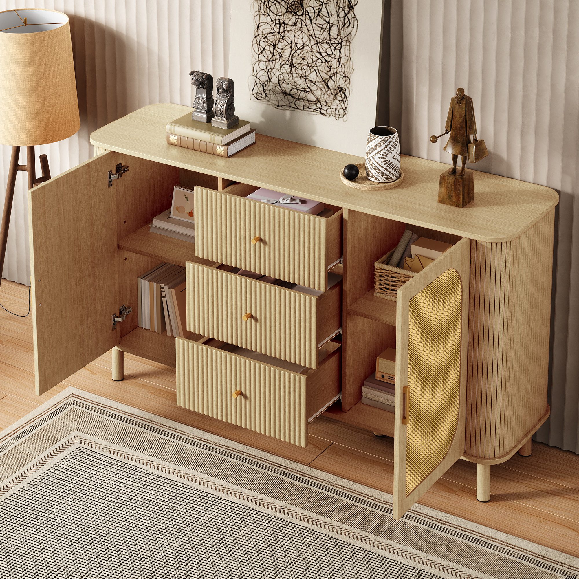 Merax Sideboard mit Metallbeinen in Holzmaserung, Abgerundetes Design (Für Wohnzimmer & Esszimmer, 1 St., Stauraum & praktischer Kabelöffnung), Kommode mit 3 Schubladen, Rattantüren & halbovalen Türen, 140x40x80cm