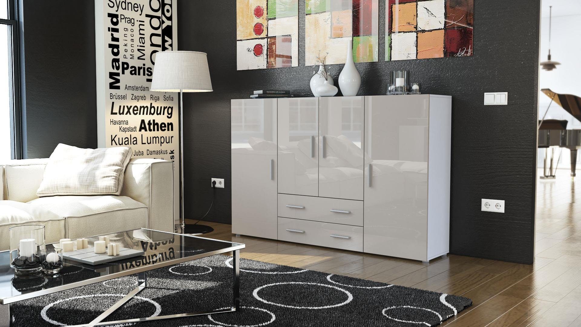 Vladon Highboard Nora (Anrichte mit 2 Schubladen, und 4 Türen mit insgesamt 8 Fächer dahinter), Weiß matt/Sandgrau Hochglanz (166,5 x 106,5 x 35 cm)