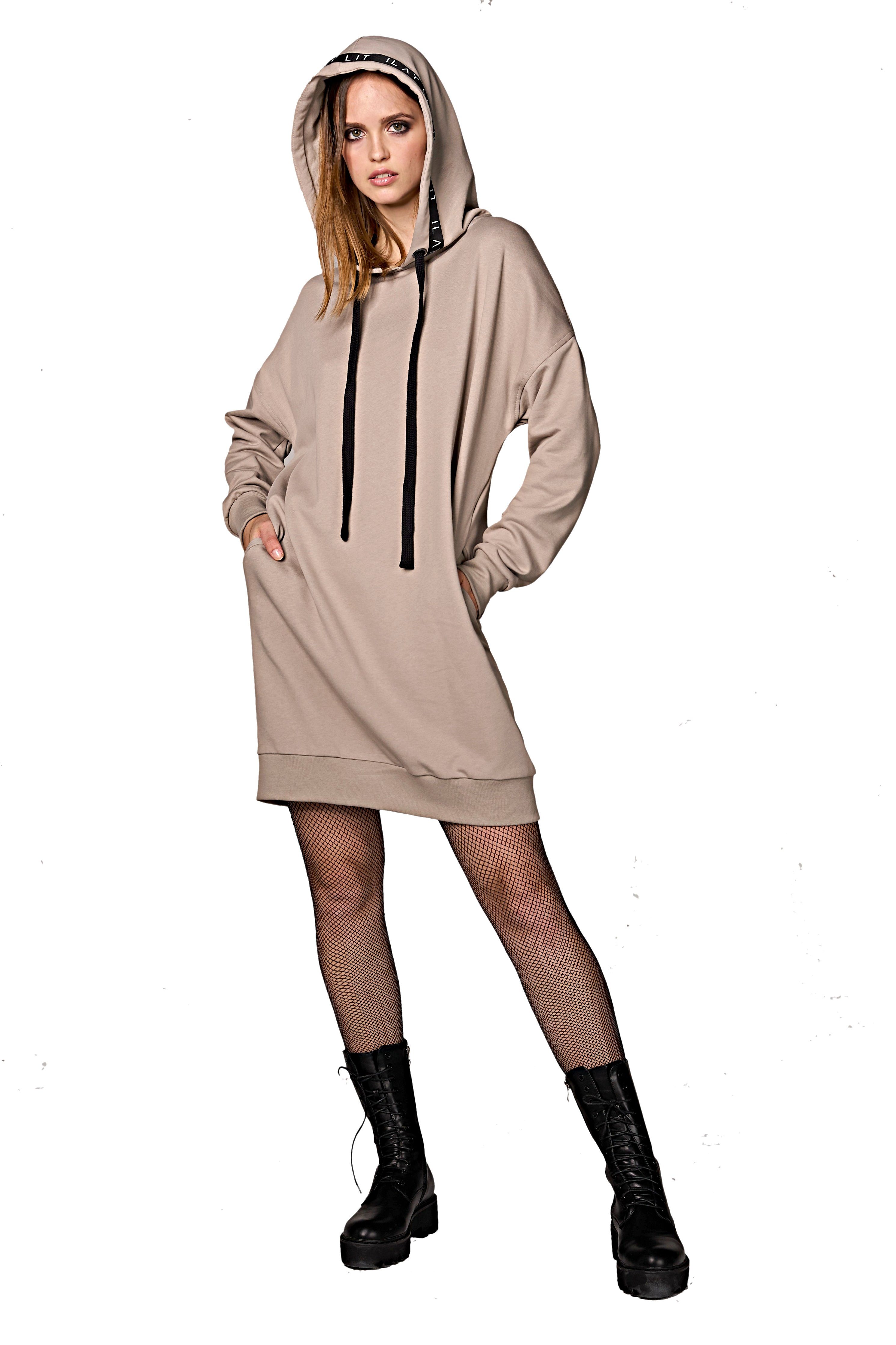 ILAY Lit Kapuzenshirt Sweatshirt Midikleid mit Kapuze- Mona- Taupe
