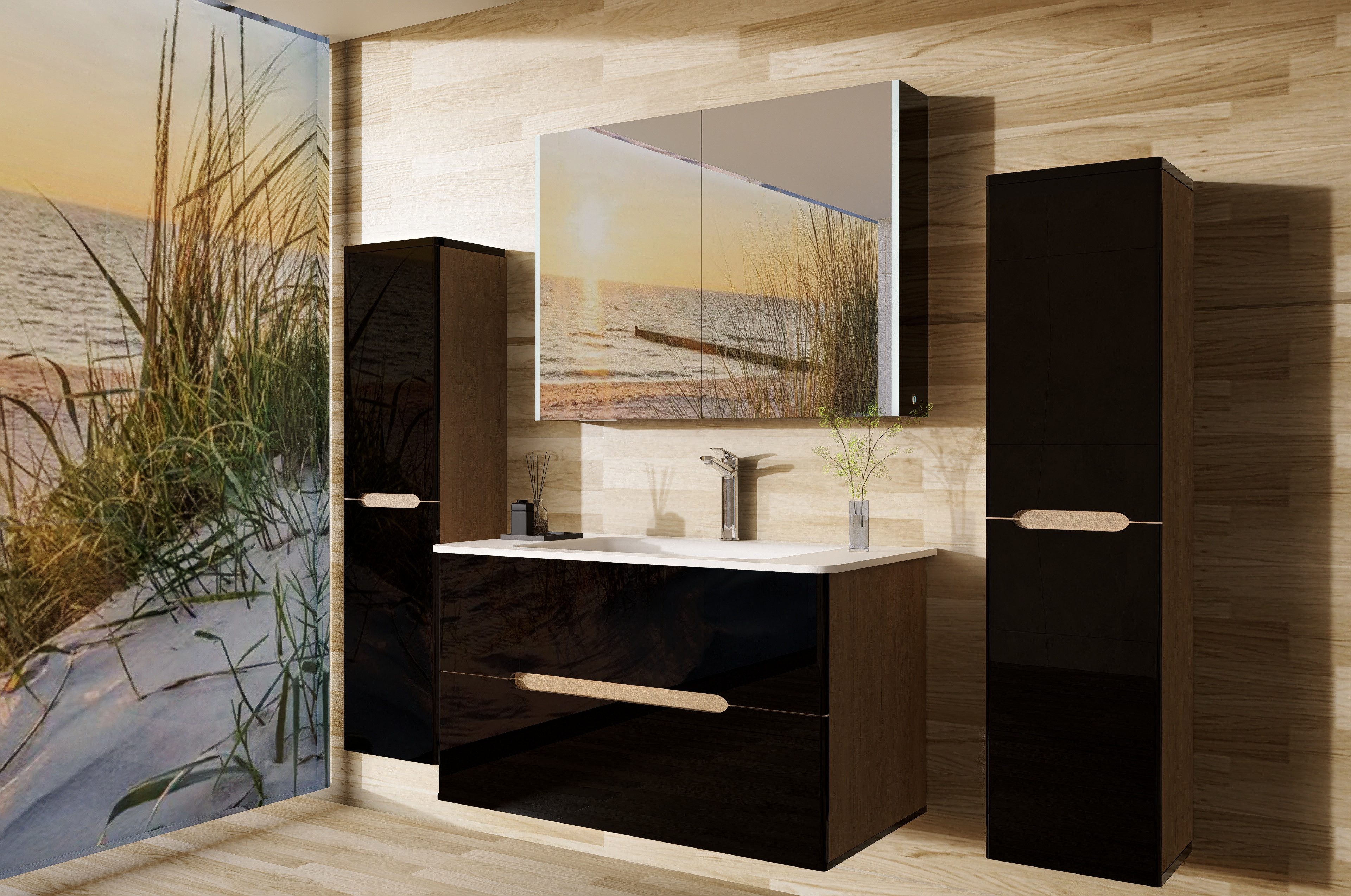 Homeline Badmöbel-Set Bad Möbelset Badezimmer Möbel Hochglanz 90 Eiche Weiß günstig online kaufen