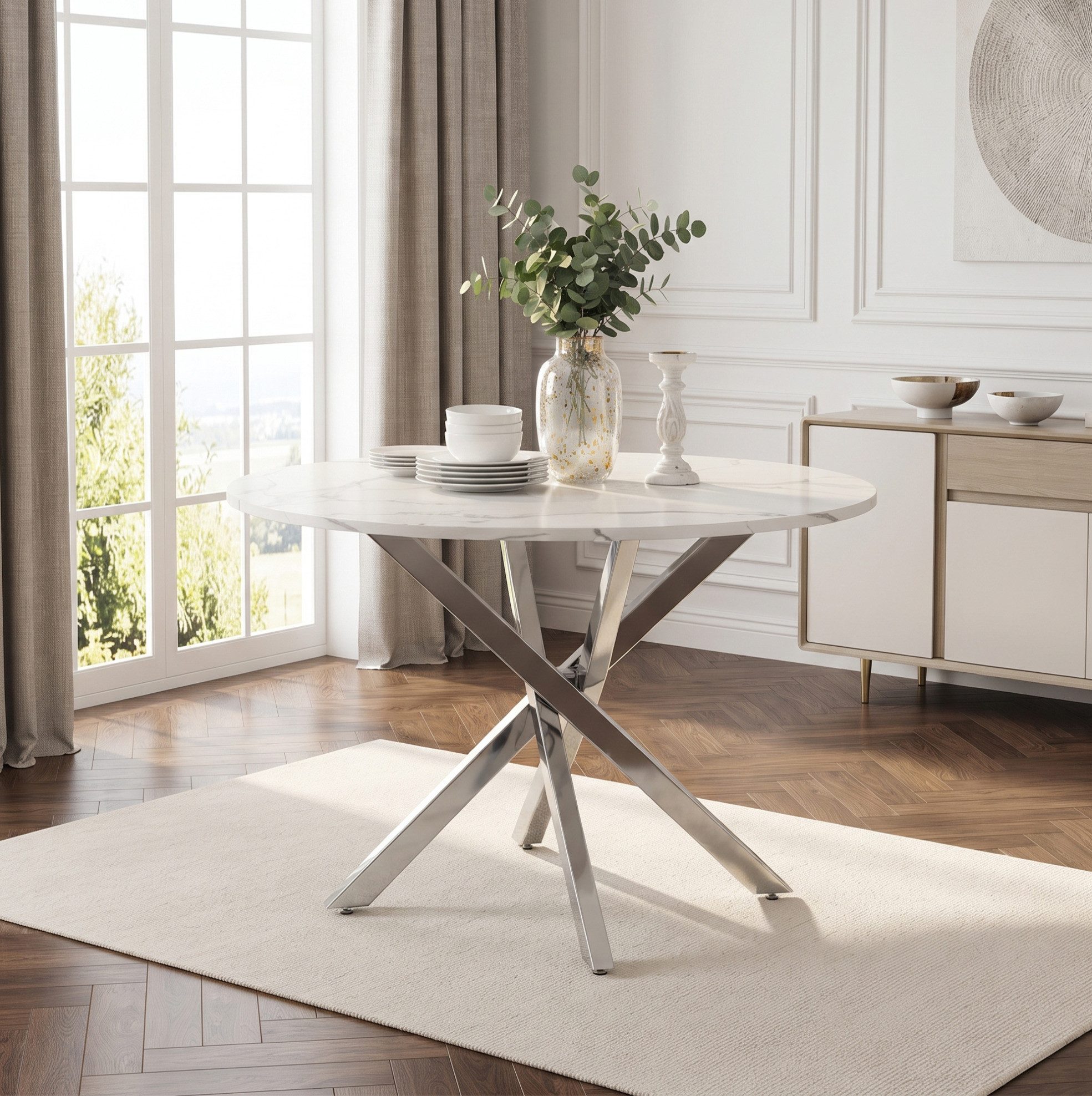 OKWISH Esstisch Design-Tisch – runde Form, Kreuzfuß & stabile Metallbeine (Packung, 1-St., Weiß+Silber, für moderne Räume), 80×80×75 cm, Marmoroptik, Silberbeine