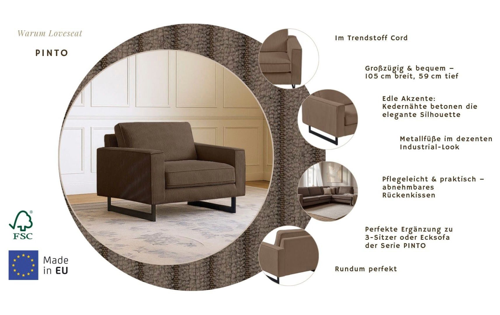 Home affaire Loveseat Pinto 105 cm, Cord, Chenille, Lederoptik, mit Keder, Metallfüßen und auch in Cord Bezug erhältlich