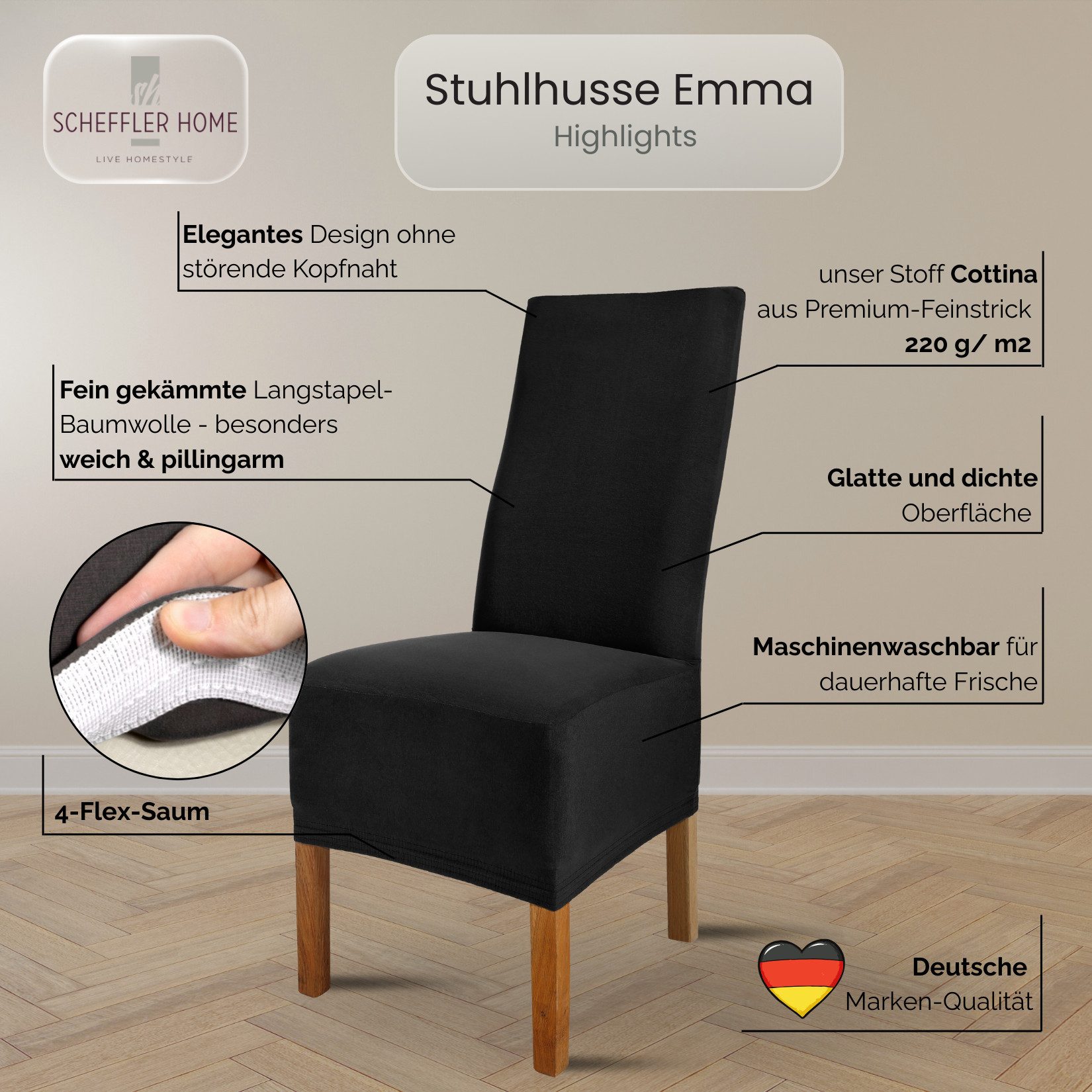 sh SCHEFFLER-HOME LIVE HOMESTYLE Stuhlhusse Moderner Stuhlbezug "Emma" aus elastischer Baumwolle Cottina, abnehmbarer & waschbarer Spannbezug für Stühle