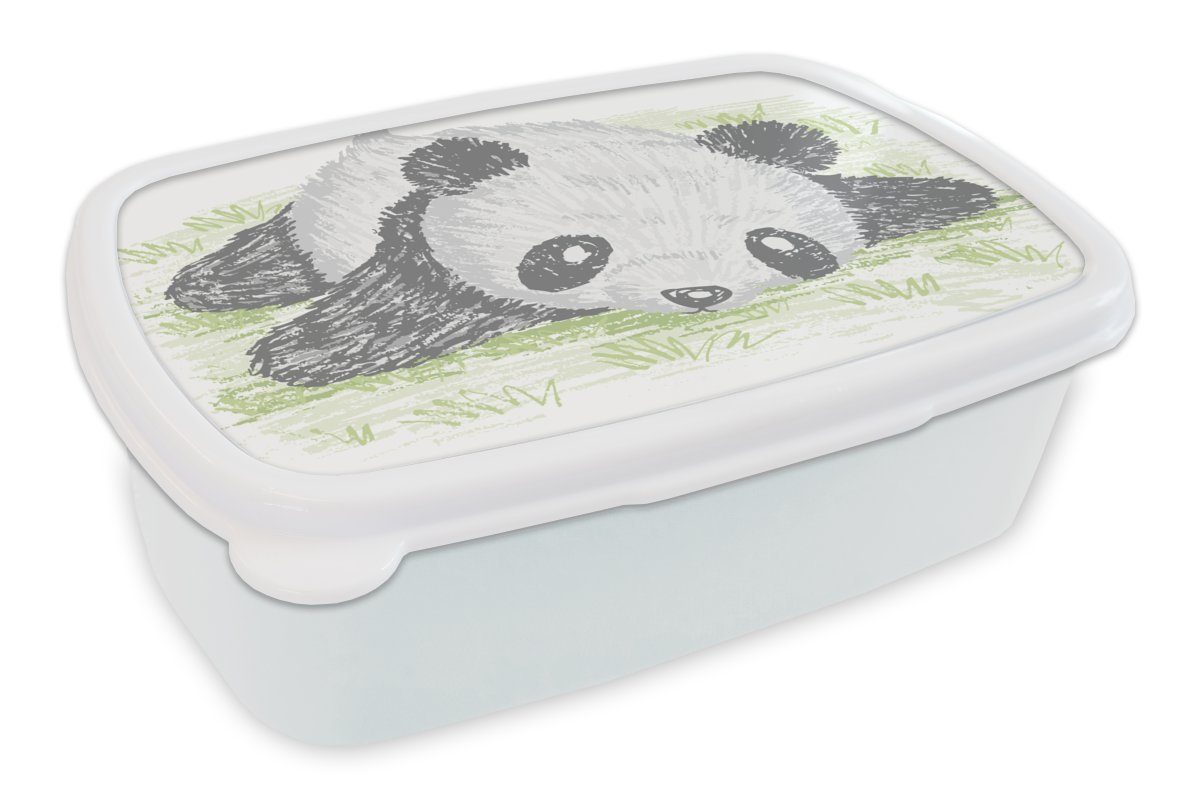 MuchoWow Lunchbox Tiere - Panda - Gras, Kunststoff, (2-tlg), Brotbox für Kinder und Erwachsene, Brotdose, für Jungs und Mädchen weiß