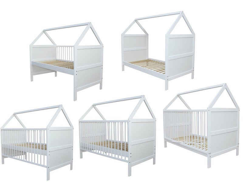 Micoland Kinderbett »Babybett Kinderbett Juniorbett Bett Haus 140x70 cm umbaubar massiv weiß«
