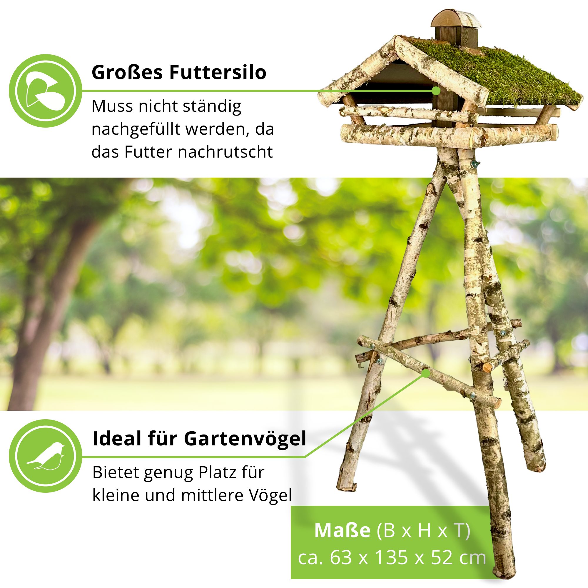 gartenetage Vogelhaus Birkenfutterstelle mit Moosdach inkl. Ständer, liebevolle Handarbeit, Wetterfest