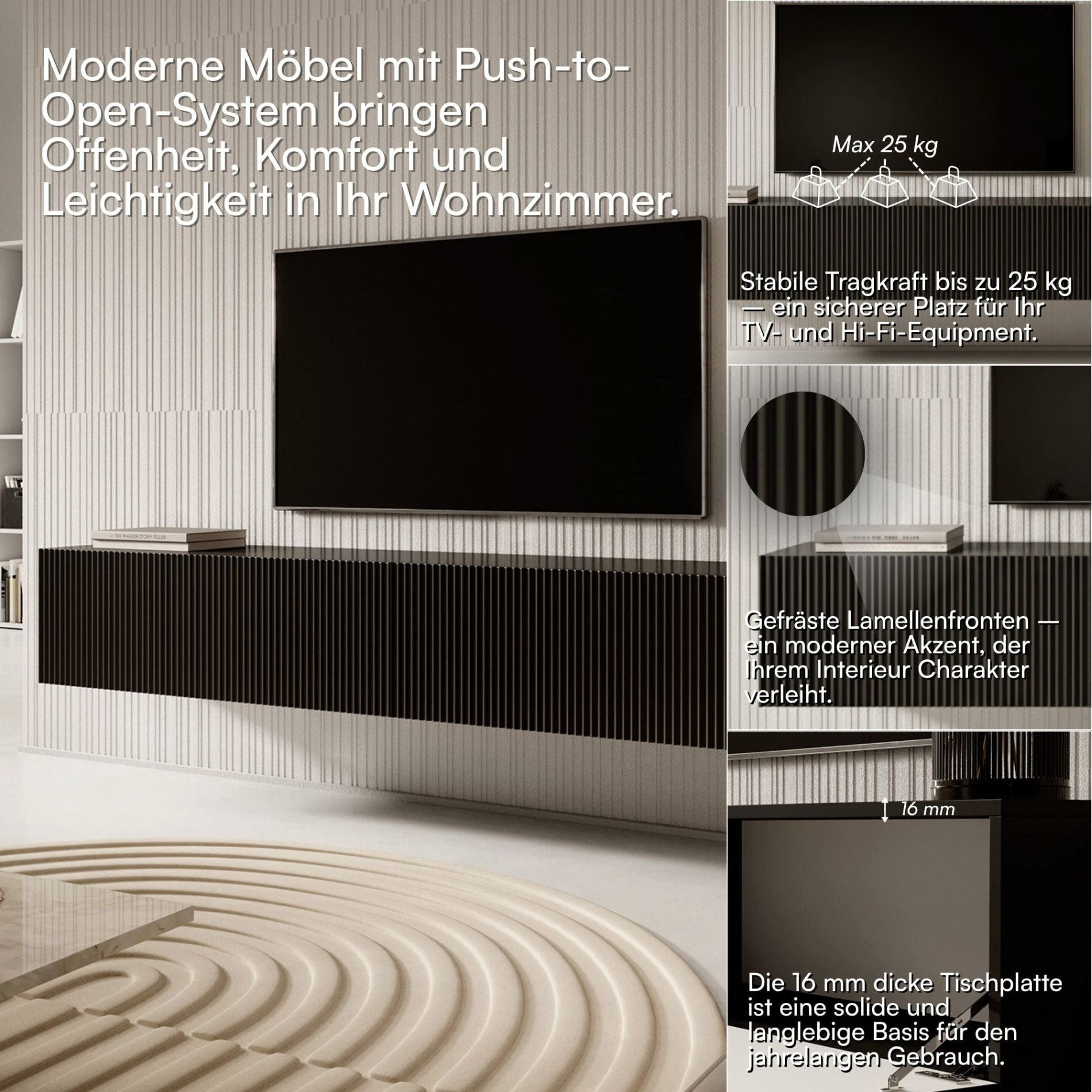 Selsey TV-Schrank Veldio Hängeboard 175 cm, geriffelte Front, Push-to-Open, Schwarz – Bild 5 von 5