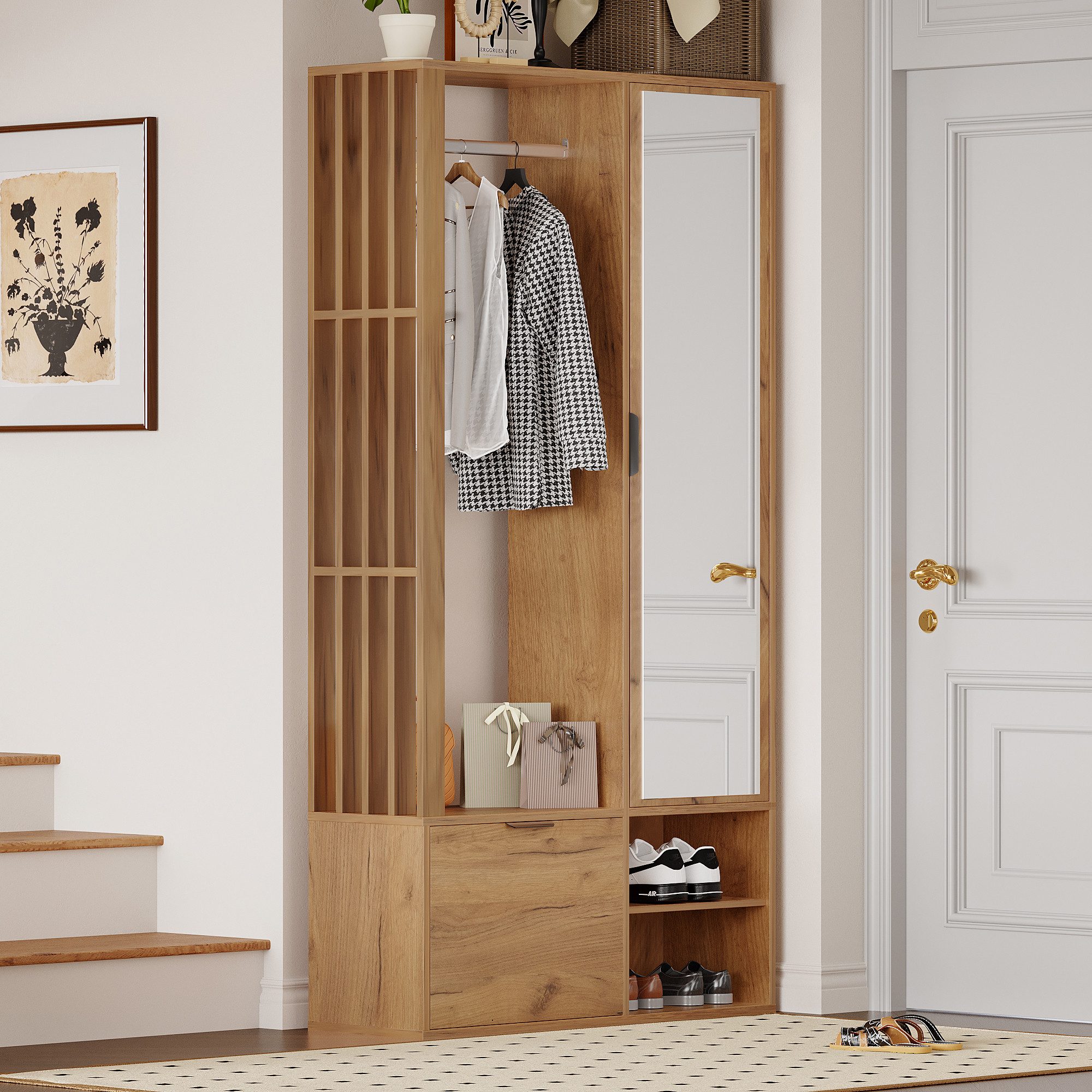 KLAM HOME Garderobenschrank 100*33*190cm garderobenschränke mit flur, 6-in-1-Eingangsschrank (zum Aufhängen von Mänteln, Flurschrank mit Wäscheständer, Holzfarbe) Garderobenschrank und Spiegel, Breite 100 cm, Schrank mit unterer Tür