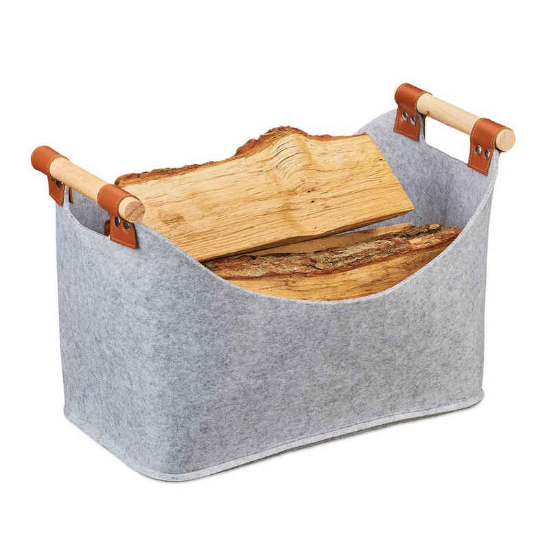 relaxdays Aufbewahrungskorb Filztasche mit Holzgriffen, hellgrau