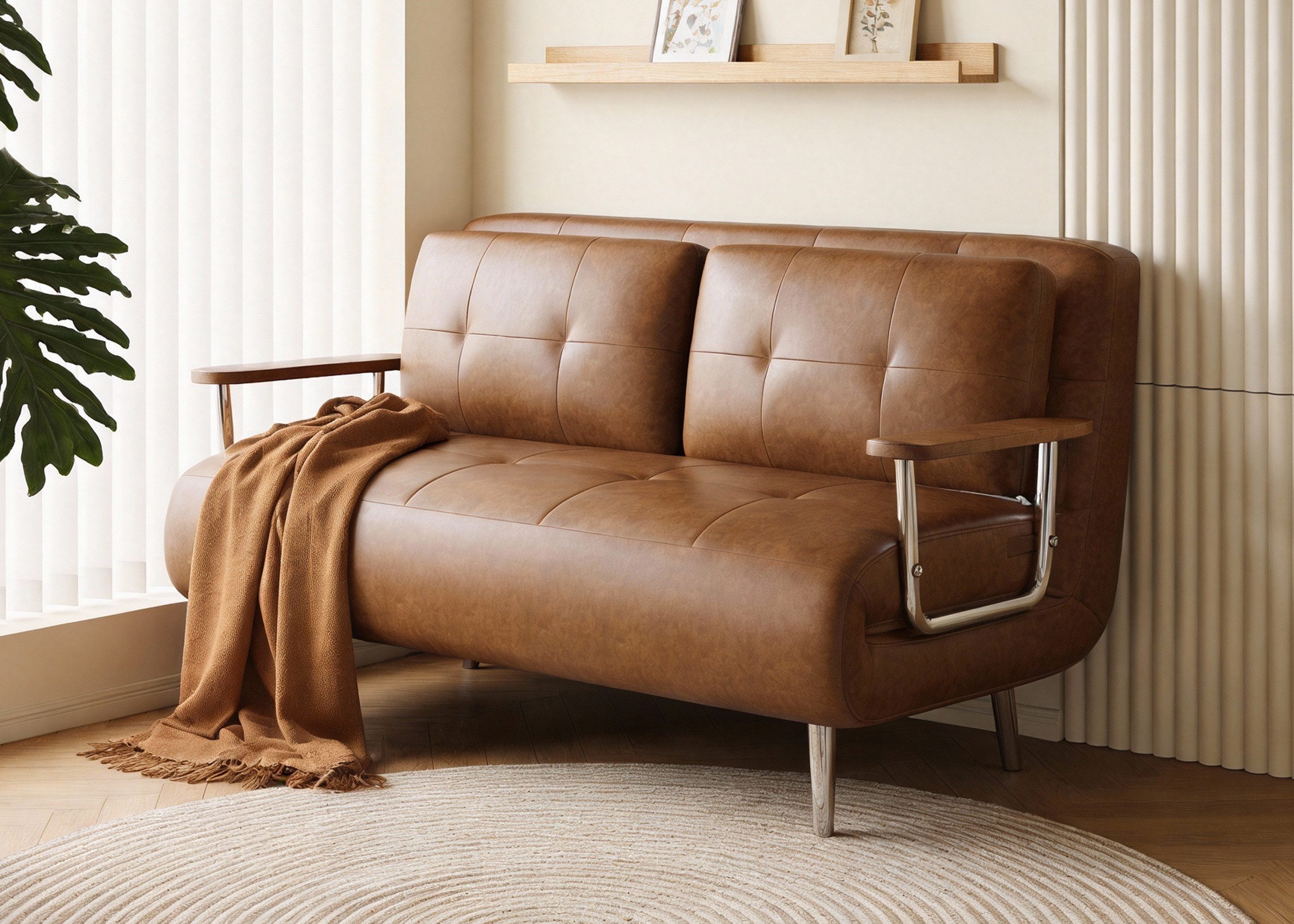 oleyluckidea Schlafsofa 150cm,Lederoptik Sofa ausziehbare Schlafcouch mit Schlaffunktion,braun, Zum Bett umwandelbar, Bettfunktion, Sofabett