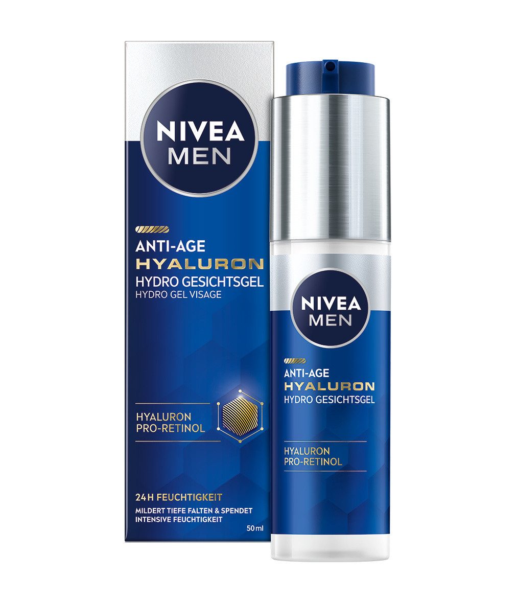 Nivea Men Anti-Falten-Serum Anti-Age Hyaluron Hydro Gesichtsgel 24h Hautpflege 50ml, Anti-Falten