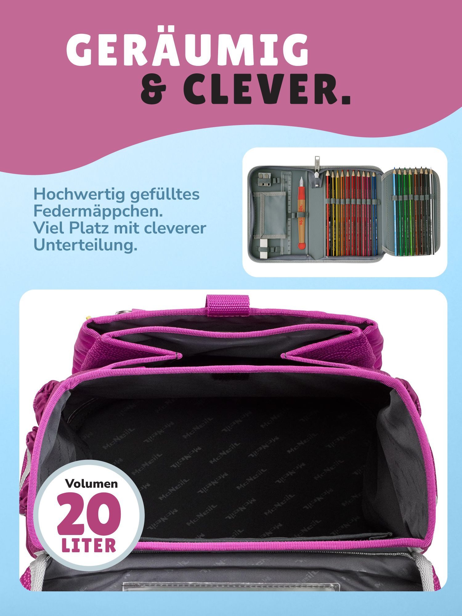 McNeill Schulranzen Ergo Complete 1.-4. Klasse ergonomisch, leicht, Volumen 20 Liter (Set, 6-tlg., inkl. Federmäppchen, Turnbeutel, Schlamper und Motivmagnet),  – Bild 4 von 5