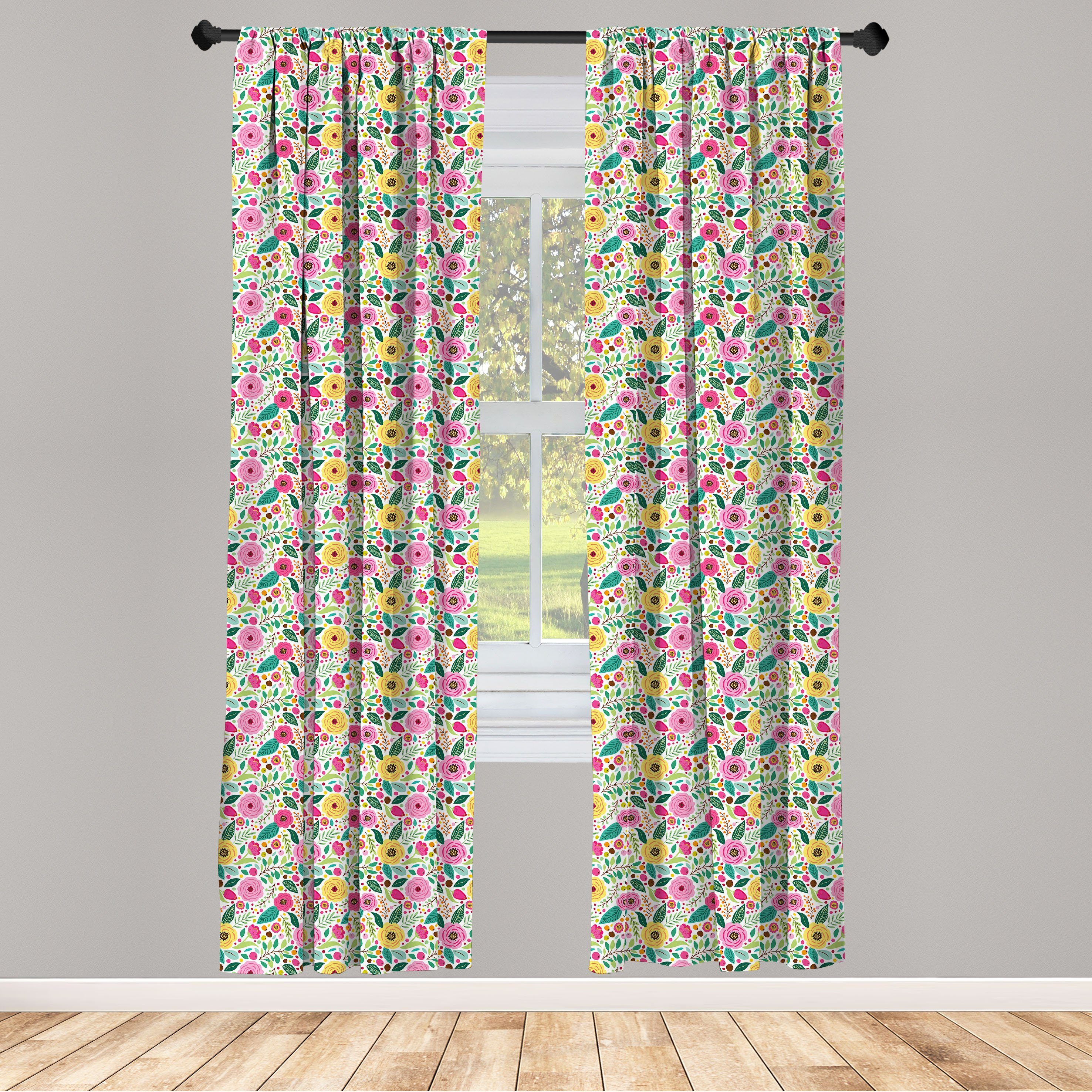 Gardine Vorhang für Wohnzimmer Schlafzimmer Dekor, Abakuhaus, Microfaser, Volk Doodle Pfingstrosen Beeren Blätter