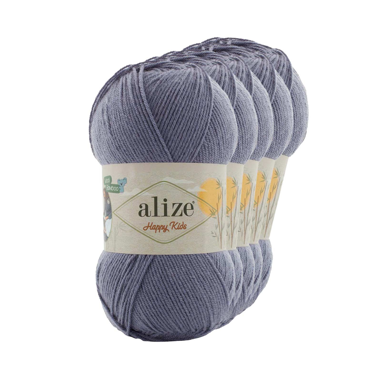 Alize 5 x 100g Alize Happy Kids Viskose Klassikgarn Strickgarn Häkelgarn Häkelwolle, 310 m, 236 dunkelgrau