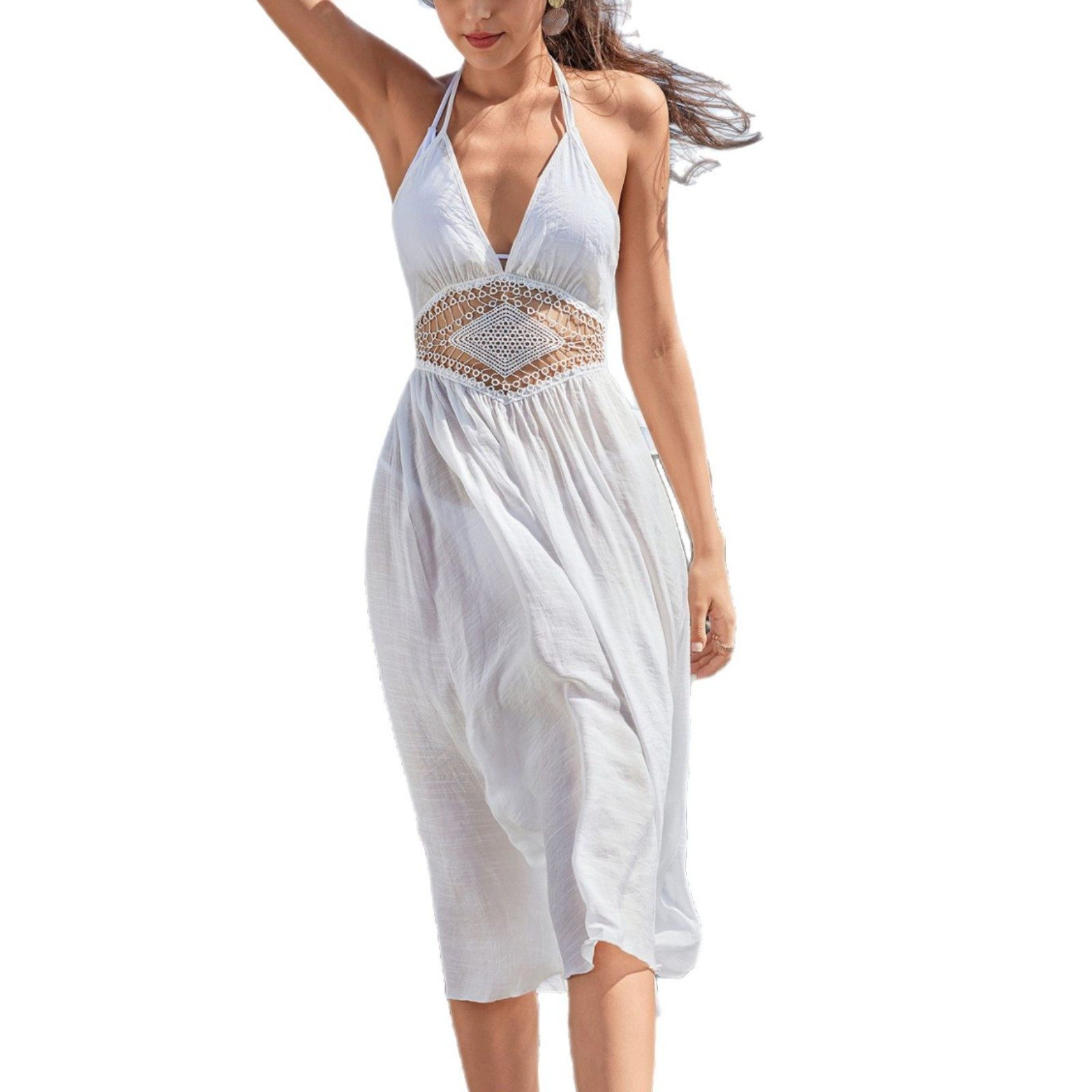 MOPUEA Strandkleid Strandkleid im Bohemian-Stil, langes Kleid, Neckholder, ärmellos (Badeanzug Cover Ups Sheer Beachwear, 1-tlg) Damen Badeanzug Cover Up Hollow Out Neckholder Rückenfrei Kleid