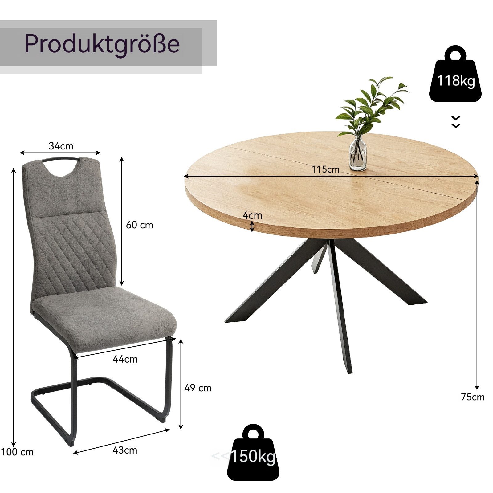 Jiexi Essgruppe Tisch- und Stuhlset, Runder Esstisch (115×75 cm) mit 4 Stühlen