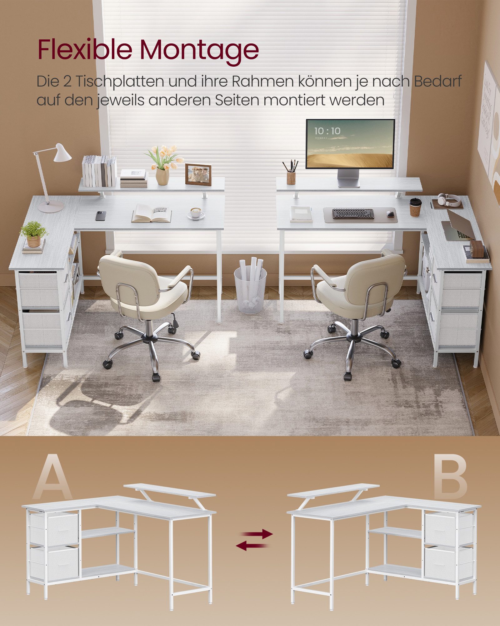VASAGLE Eckschreibtisch L-förmiger Schreibtisch, 2 Schubladen, Computertisch, für Homeoffice, mit Monitorständer, mit verstellbarer Ablage, 135 x 105 cm