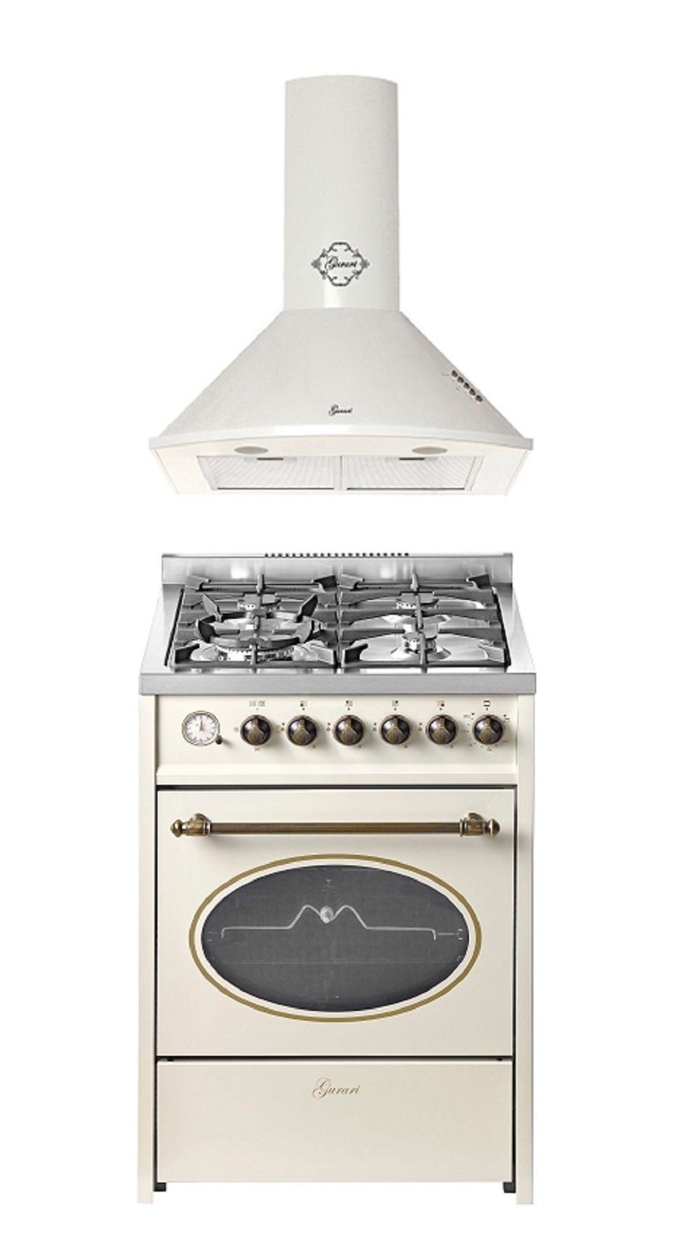 GURARI Gas-Standherd Standherd 60 cm Erdgas Fl.Gas 4 Kw WOK, Gasgrill mit Dunstabzugshaube 60 cm Weiß Saugstark 1000m³/h GCH G 614 CR+GCH 046 WH N, mit 1-fach-Teleskopauszug