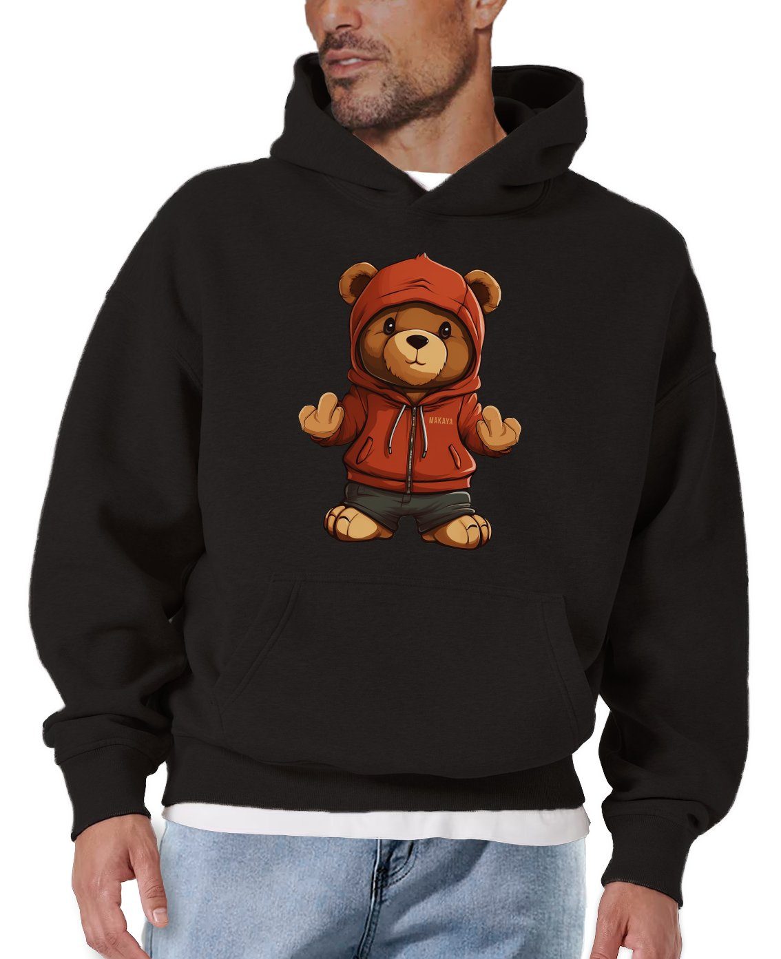 MAKAYA Kapuzenpullover Teddybär Herren Teddy Pullover mit Kapuze Pulli Jungen Sweatshirt mit Druck Print
