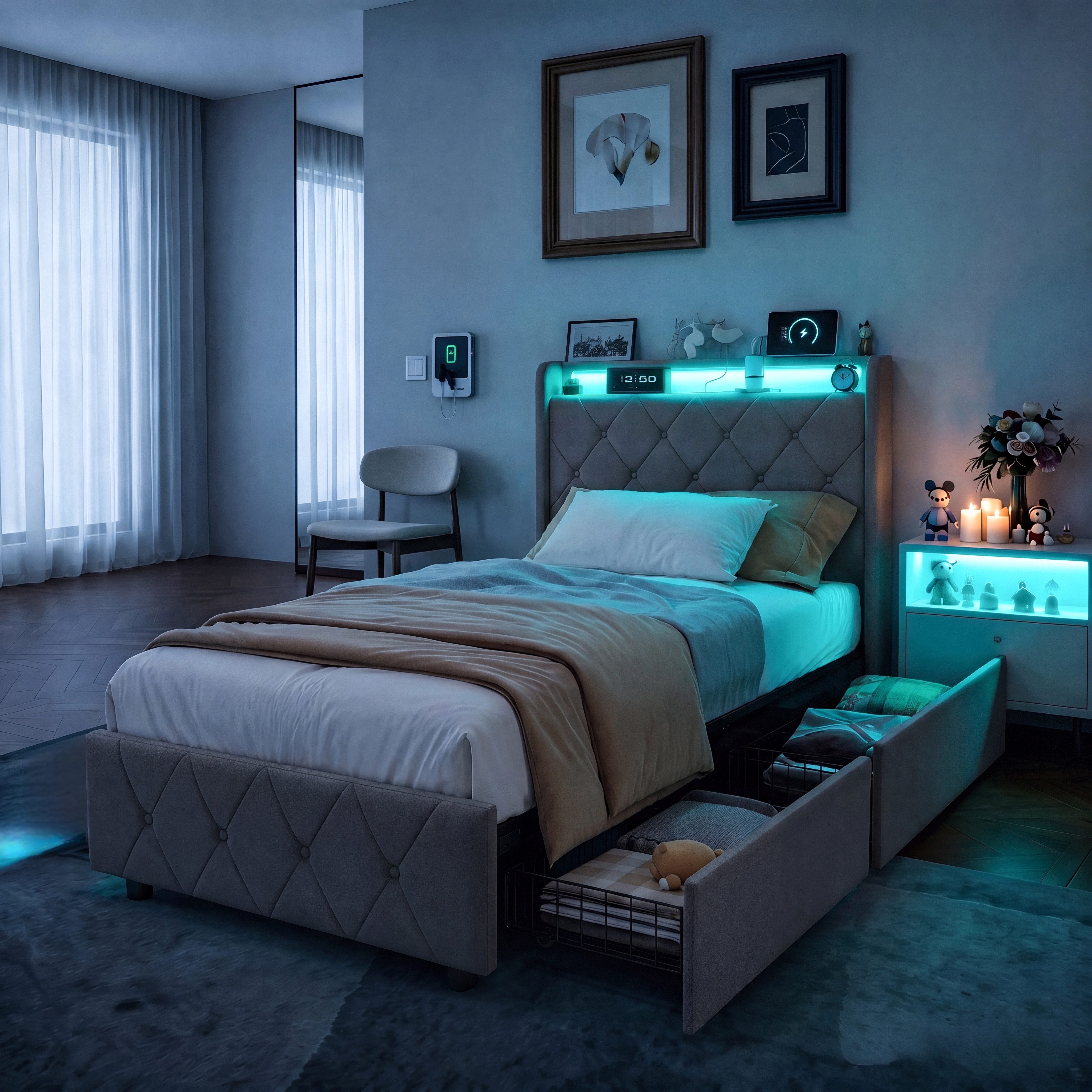 Furnishings Home Polsterbett LED Doppelbett Stauraumbett mit Kopfteil und 4 Schubladen (Samtmaterial Polsterbett mit RGB Beleuchtung, 90x200 cm), mit Lattenrost und Ladefunktion, mit Komforthöhe, Leises Design Bett