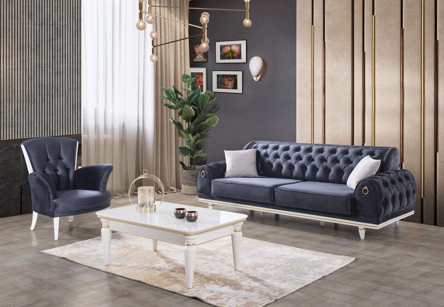 Xlmoebel Chesterfield-Sofa XLMOEBEL Chesterfield-Sofa in Blau mit Sessel und Tisch, 3 Teile, Made in Europa