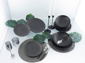 CreaTable Tafelservice Geschirr-Set Vesuvio (12-tlg), 4 Personen, Steinzeug, Service, schwarz, ausdrucksstarkes Relief, 12 Teile, für 4 Personen