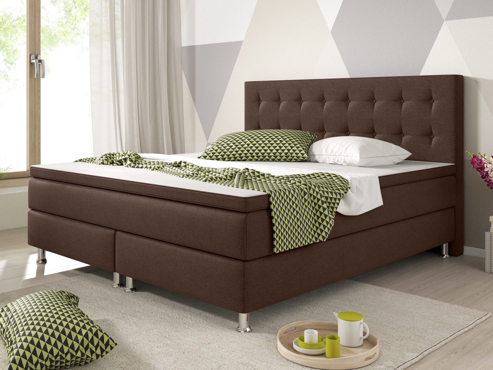 inter Boxspringbett Boxspringbett Köln Webstoff mit 7 Zonen Taschenfederkern und Topper (180x200 cm, Braun inkl. 7 Zonen Taschenfederkernmatratzen und Topper), Taschenfederkern-Komfort, gepolstertes Kopfteil, inklusive Matratzen