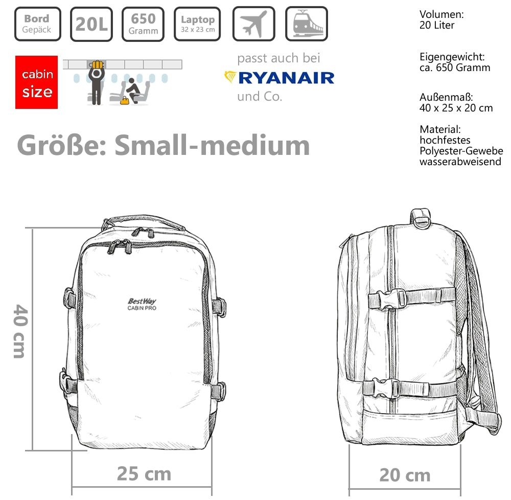 BestWay Bags Reiserucksack Handgepäck Rucksack für Ryanair aus Plane, Cabin Pro Flugzeug Kabinenrucksack Laptoprucksack 40350 + Koffergurt