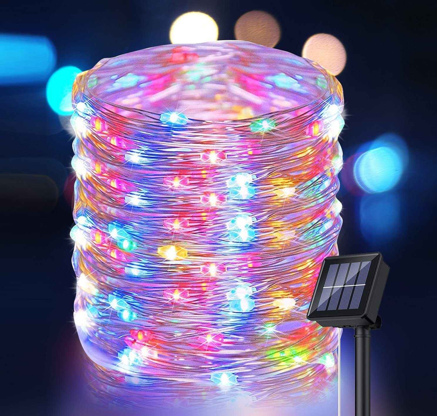 Oneid LED-Lichterkette Solar Lichterkette Outdoor 12M 100 LED Mehrfarbig  Weihnachtsdekoration