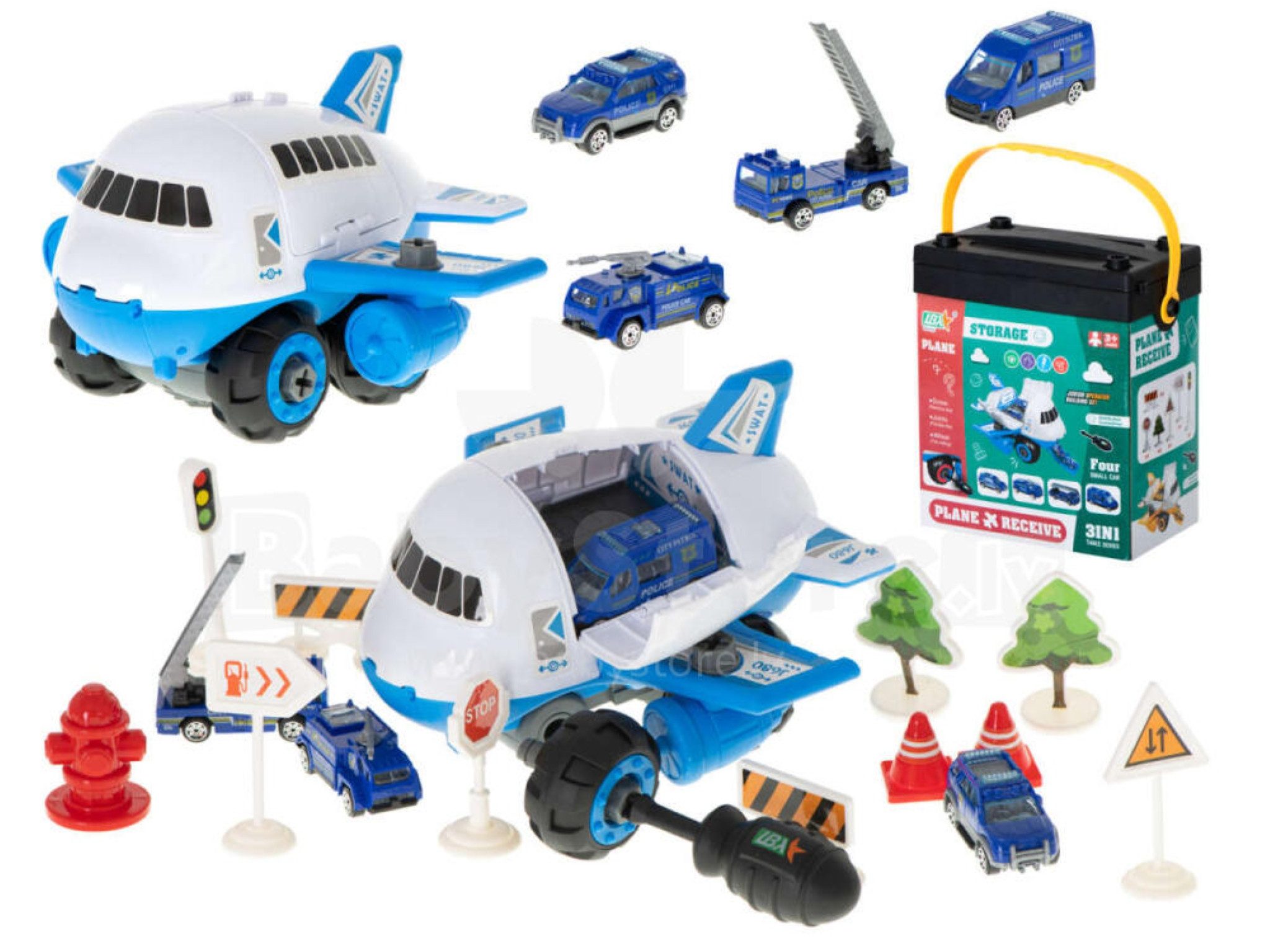 Ikonka Spielzeug-Flugzeug Flugzeug Transporter Spielzeug mit Autos und Verkehrszeichen Set., (Spielset mit Flugzeug, Fahrzeugen und Zubehör für kreative Spiele., Interaktives Flugzeug-Transport-Set mit Autos und Straßenzubehör), Transportflugzeug mit Autos, Rampe, Straßenschildern und Zubehör.