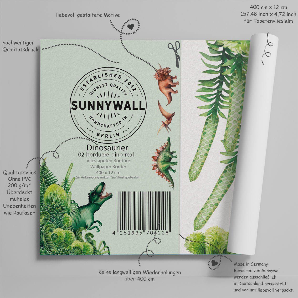 Sunnywall Bordüre Dinosaurier (Bordüre - 400 cm), Vliestapete, Urzeit, (1 St), hochwertige 200 g/m² Vliestapete