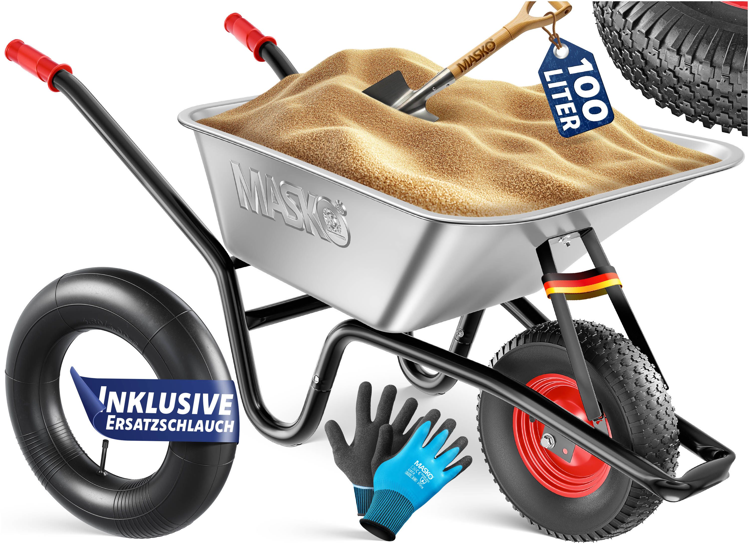 MASKO Schubkarre Bau- und Gartenschubkarre 100 Liter, mit Luftreifen und Stahlfelgen sowie einen Ersatzschlauch