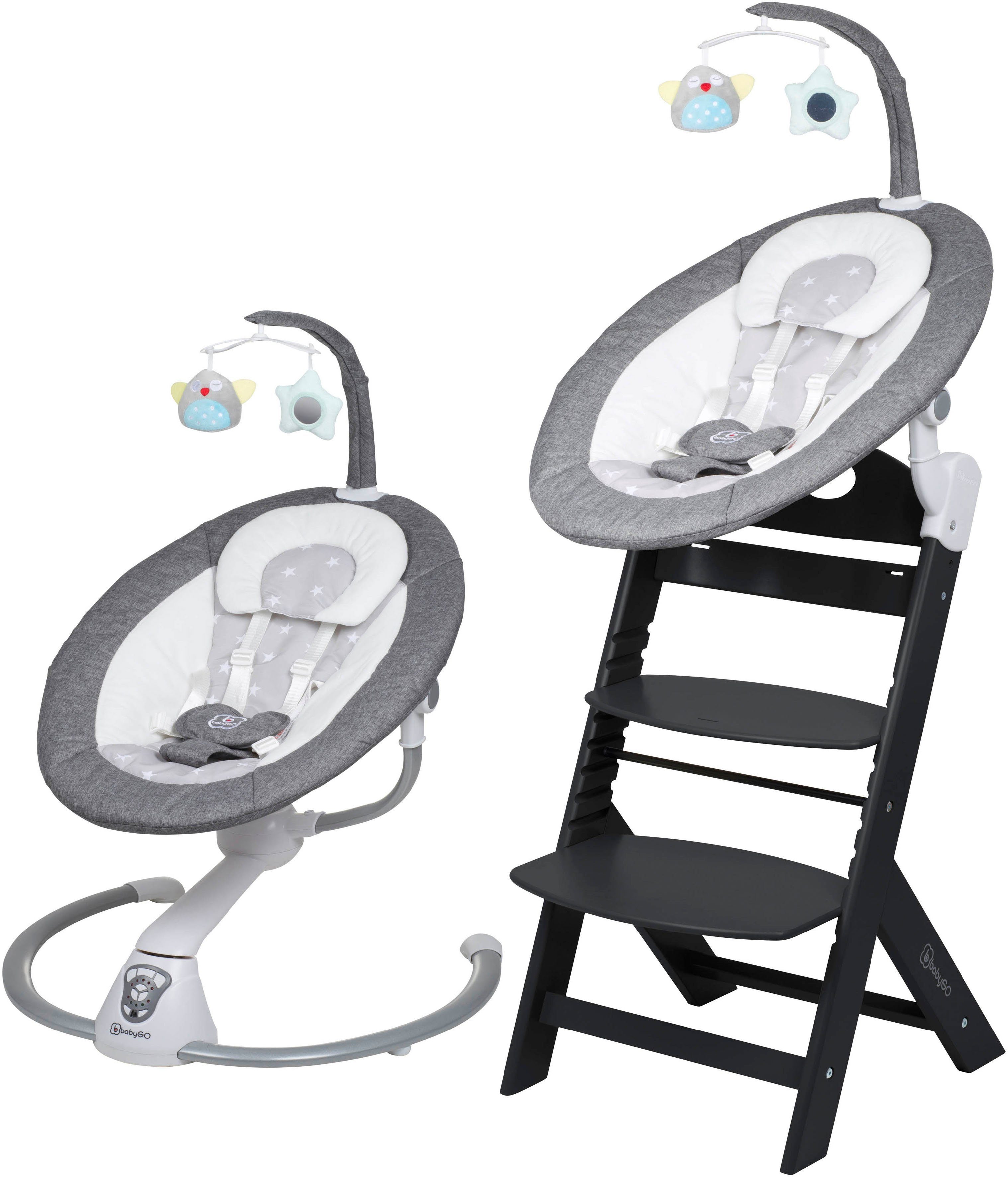 BabyGo Hochstuhl Family Homey Set, schwarz/hellgrau, mit elektrischer Babywippe inkl. Spielbogen
