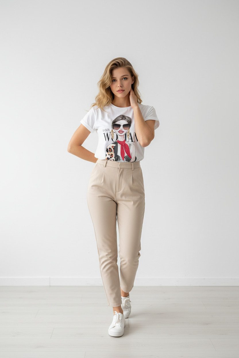 Zuckerwatte Print-Shirt Rundhalsshirt, modischer Frontprint "Paris Woman", aus 100% Baumwolle