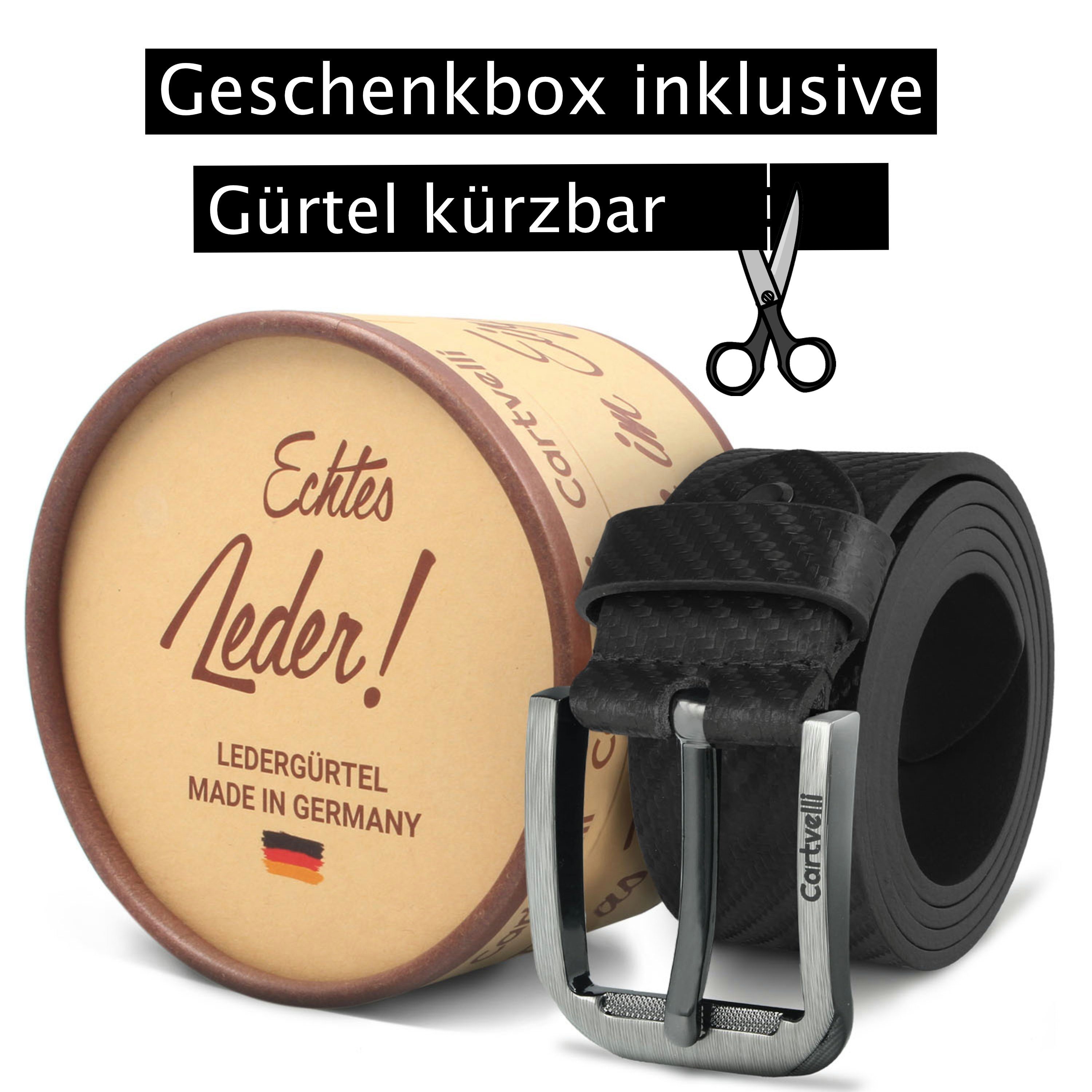 mit Design Herren Germany Schwarz Schließe Cartvelli Ledergürtel wunderbarer Farben) Ledergürtel Carbon Geschenkbox edles Carbon (3 Made in klassisch mit