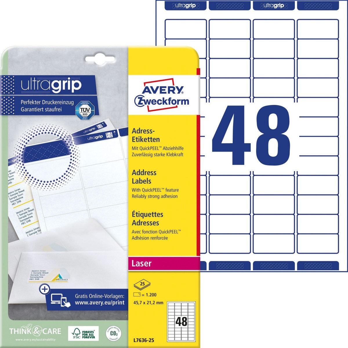 Avery Zweckform Etiketten Adress-Etiketten ultragrip 45,7x21,2 mm VE=1.200 Etiketten / 25 Bogen